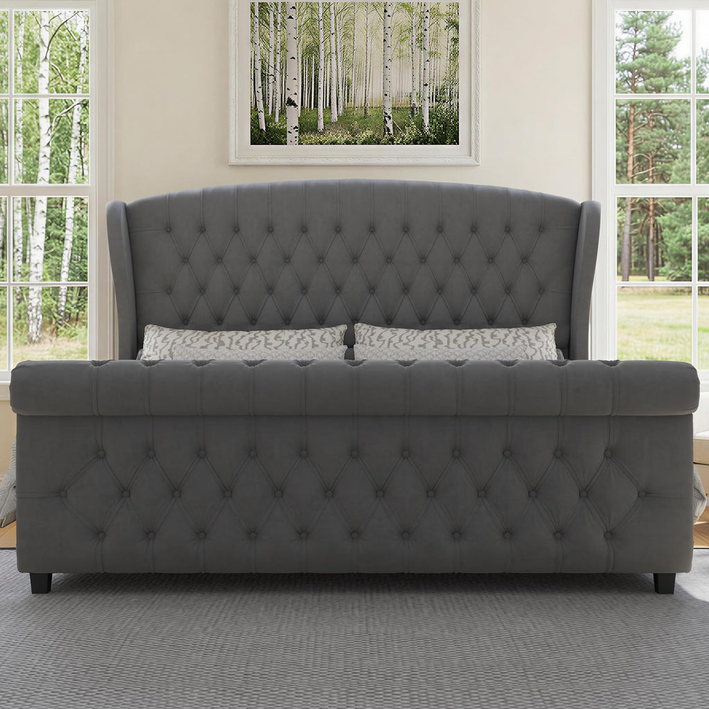 LUXOAK Queen Size Platform Bed Frame, Velvet Upholstered Sleigh Bed with Curved Headboard & Footboard, Deep Button Tufted, Wood Slats Support, No Box Spring Needed, Black