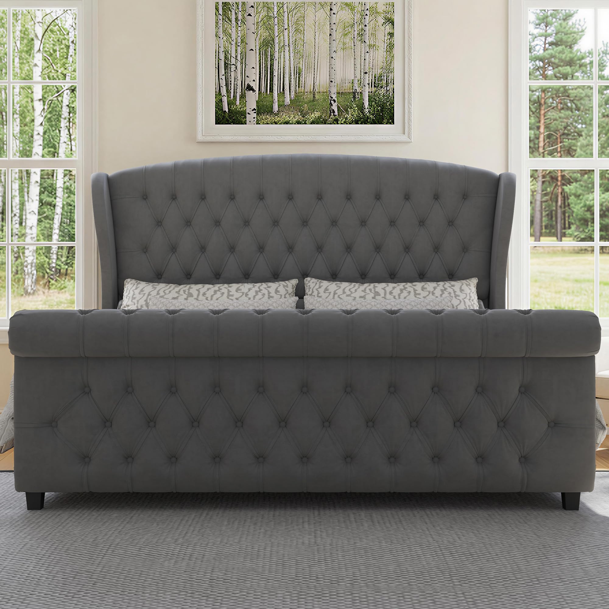 LUXOAK Queen Size Platform Bed Frame, Velvet Upholstered Sleigh Bed with Curved Headboard & Footboard, Deep Button Tufted, Wood Slats Support, No Box Spring Needed, Black