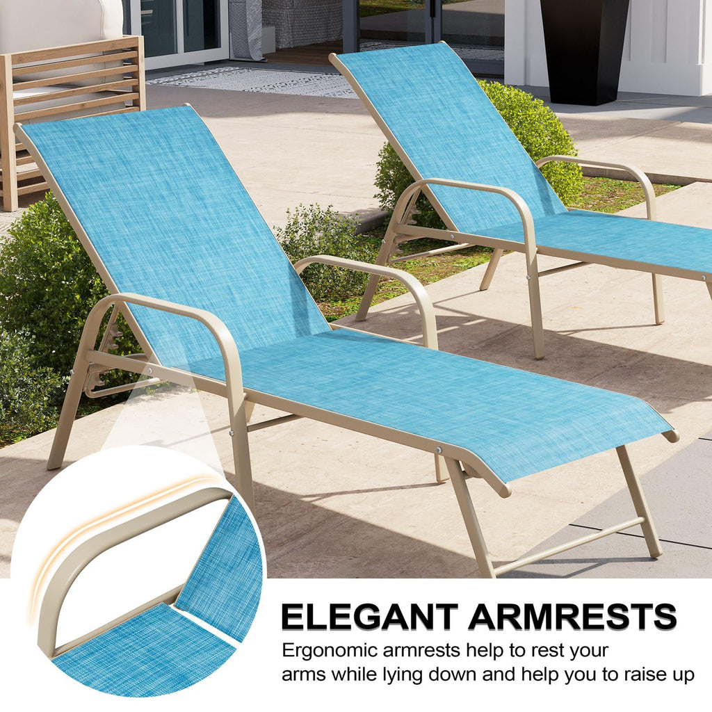 Crestlive Products Chaise Lounge Chair Outdoor with Armrests, Pool Lounge Chairs Set of 2, Aluminum Adjustable 5 Positions Sun Tanning Lounger for Patio, Poolside, Yard, Deck, Backyard (Beige)