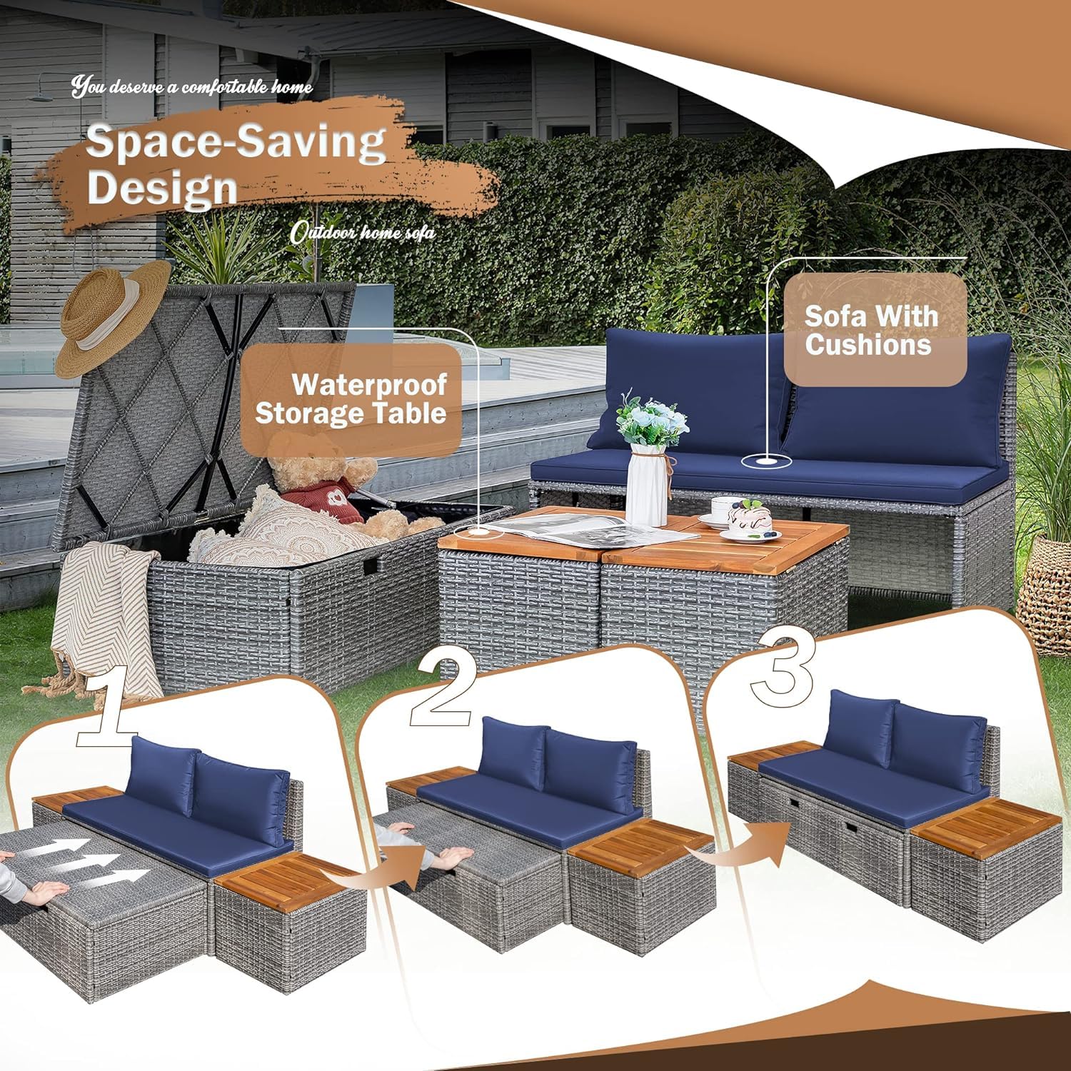 Devoko Outdoor Daybed Set Multifunctional Patio Day Bed Rattan Lounge Bed with 2 Side Tables for Backyard Porch Poolside Lawn Beach (Beige White)