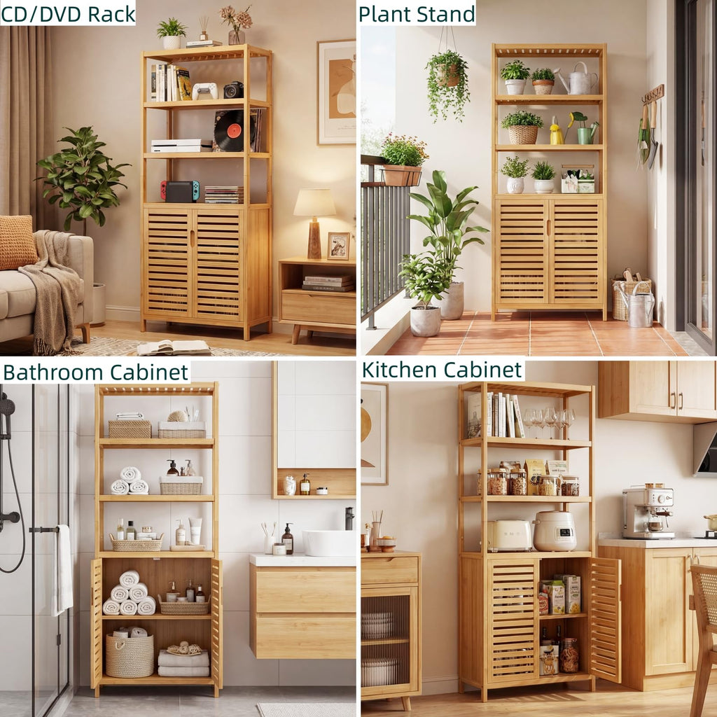 HIFIT Tall Bathroom Storage Cabinet, 66" Bamboo Narrow Bathroom Floor Cabinet with 2 Door & 4-Tier Open Shelves, Corner Tall Cabinets Freestanding Organizer Unit for Bath, Living Room, Entryway,Nature