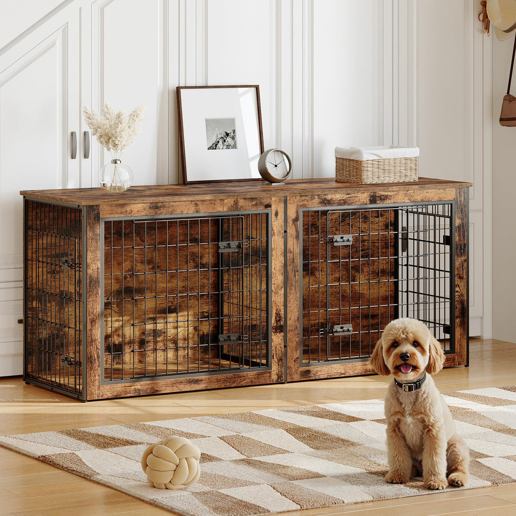 HOOBRO Dog Crate Furniture for 2 Dogs, 63" Large Double Dog Crate Furniture with Divider, Wooden Indoor Kennel TV Stand for Medium Large Dogs, Rustic Brown BF55GW03