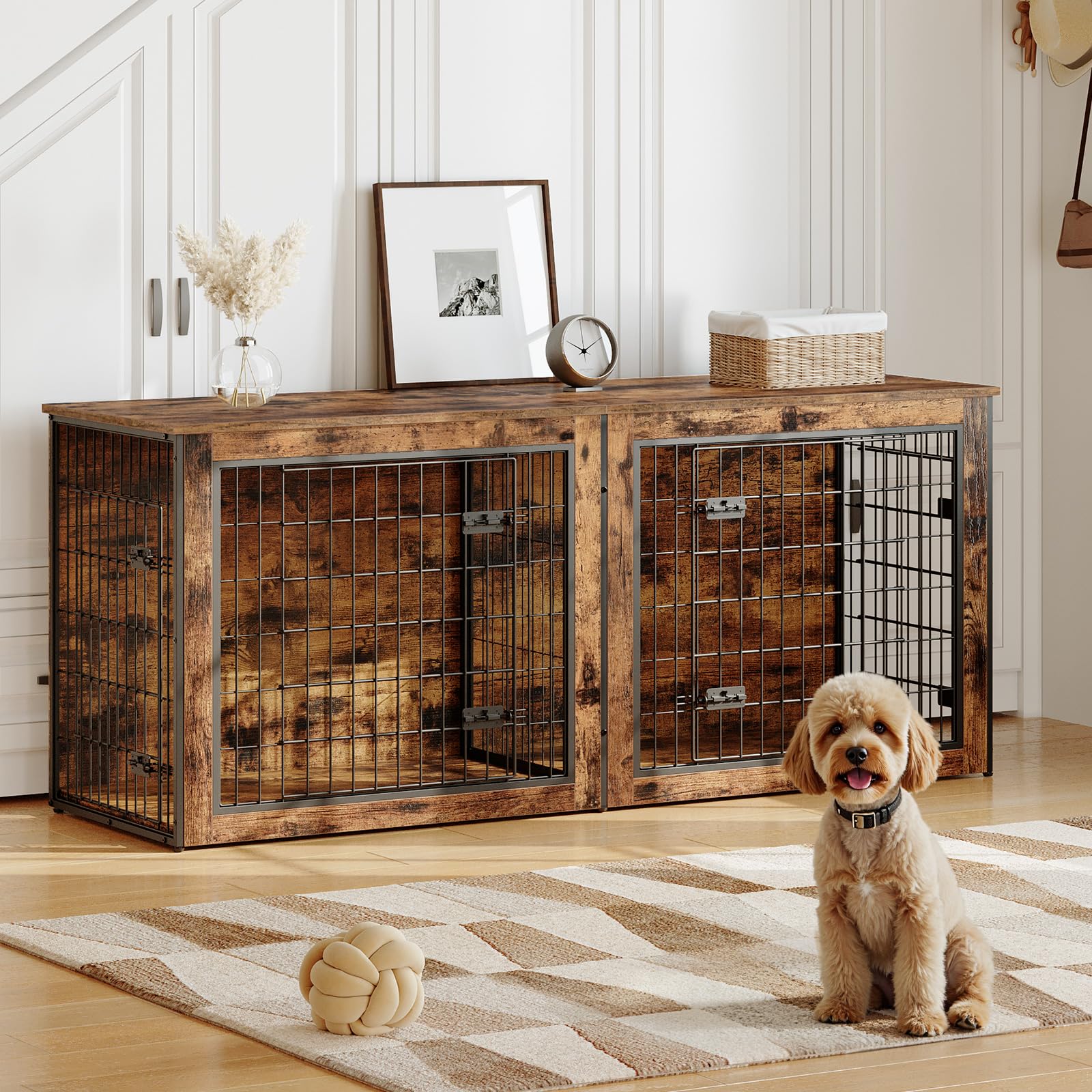 HOOBRO Dog Crate Furniture for 2 Dogs, 63" Large Double Dog Crate Furniture with Divider, Wooden Indoor Kennel TV Stand for Medium Large Dogs, Rustic Brown BF55GW03
