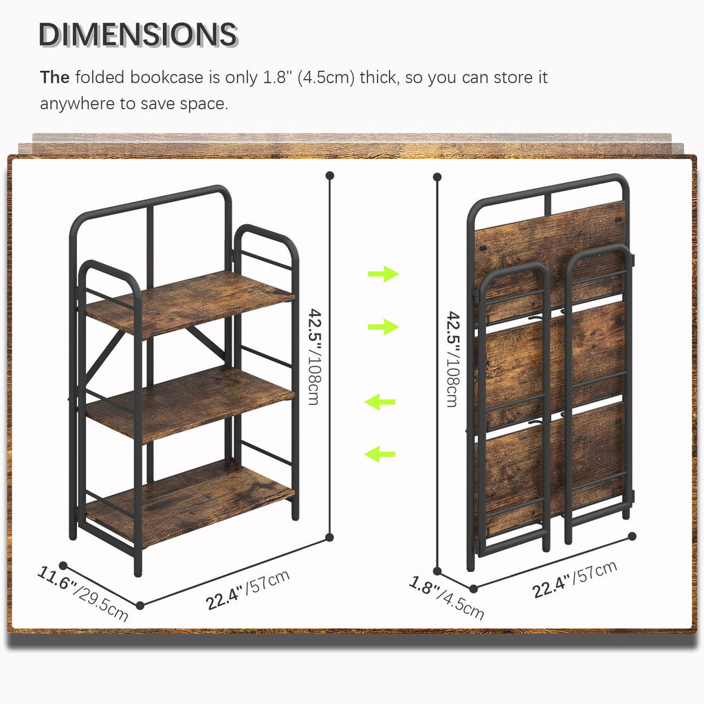 4NM No Assembly Folding Bookshelf, 3 Tiers Collapsible Book Shelves Open Industrial Foldable Storage Bookcase Shelf for Bedroom, Living Room, Home Office - Natural and White