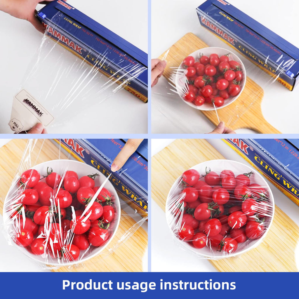 KAMMAK Plastic Wrap with Slide Cutter Food Cling Wrap 12 Inch Kitchen Cling Film BPA-Free Microwave-Safe 300 Ft Roll Food Service Film Quick Cut for Restaurant (2 Pack)
