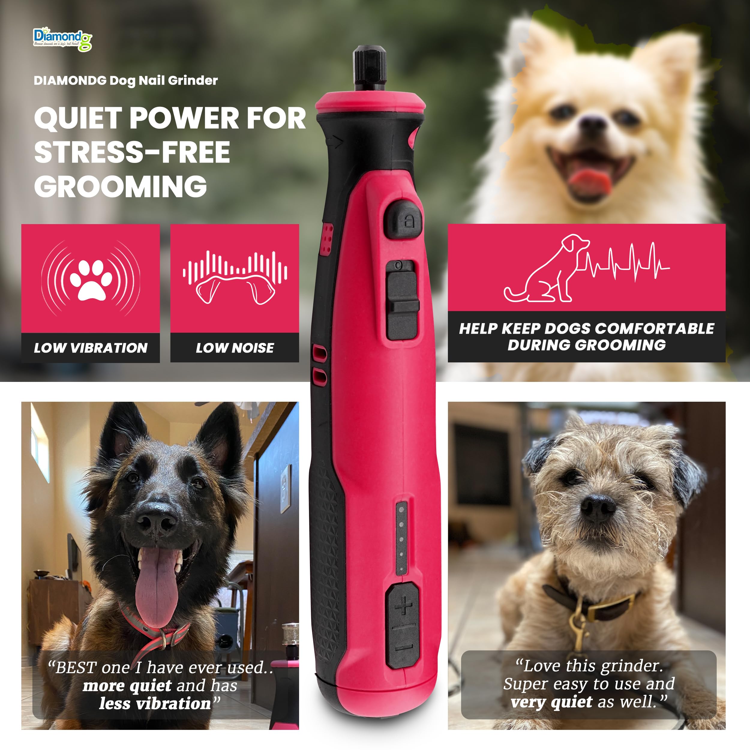 Diamondg Cordless Dog Nail Grinder with Quiet Sound & LED Tip for Large & Small Dogs, 4hrs. Runtime - Electric Dog Nail Trimmer, Heavy Duty Rotary Tool Alternative to Toenail Clippers & Filers