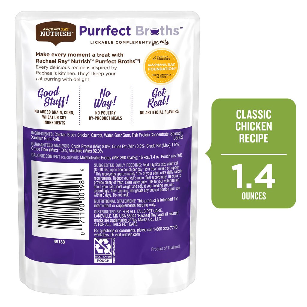 Nutrish Rachael Ray Purrfect Broths Classic Chicken Recipe, Lickable Complements for Cats, 1.4 oz. Pouch, 24 Count