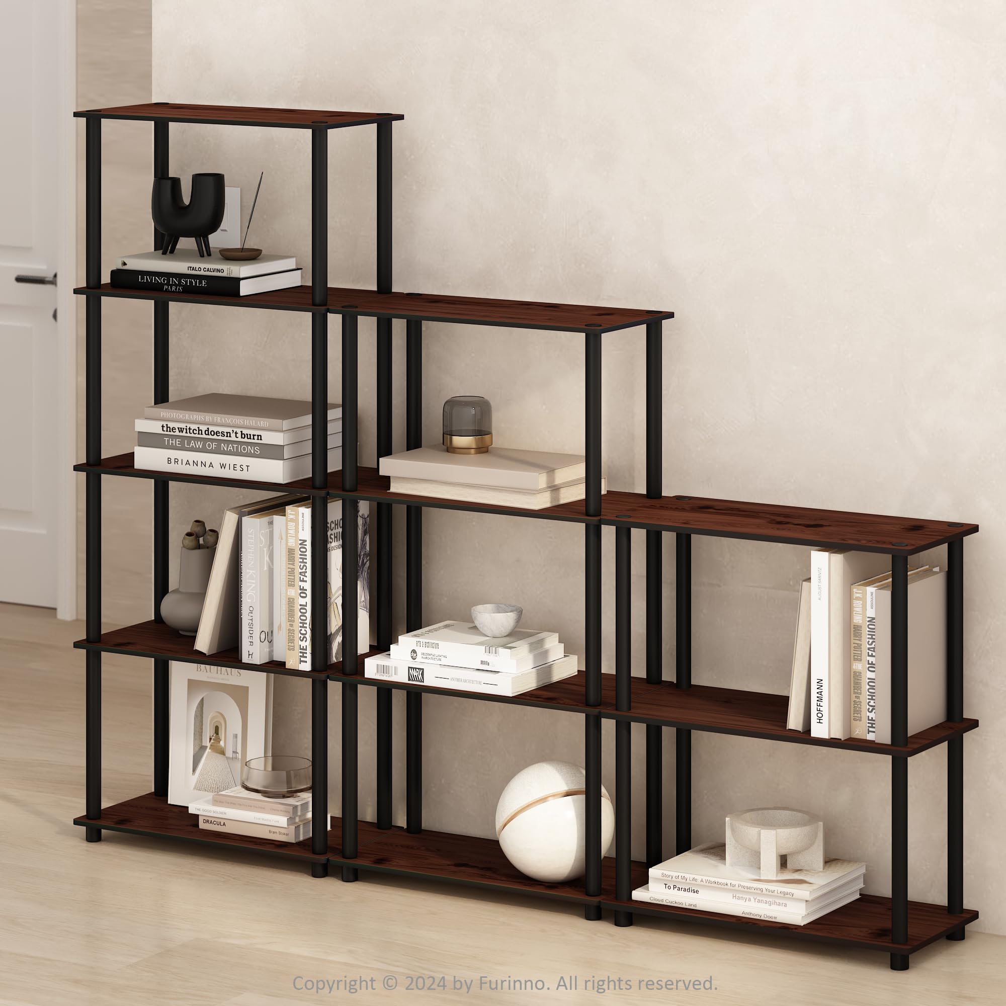 Furinno Turn-N-Tube Book Shelf, 4-Tier Bookshelf, Bookcase with Multipurpose Compact Display Rack, 11.6 x 23.6 x 43.2, for Living Room, Bedroom, Home Office, Americano/Black