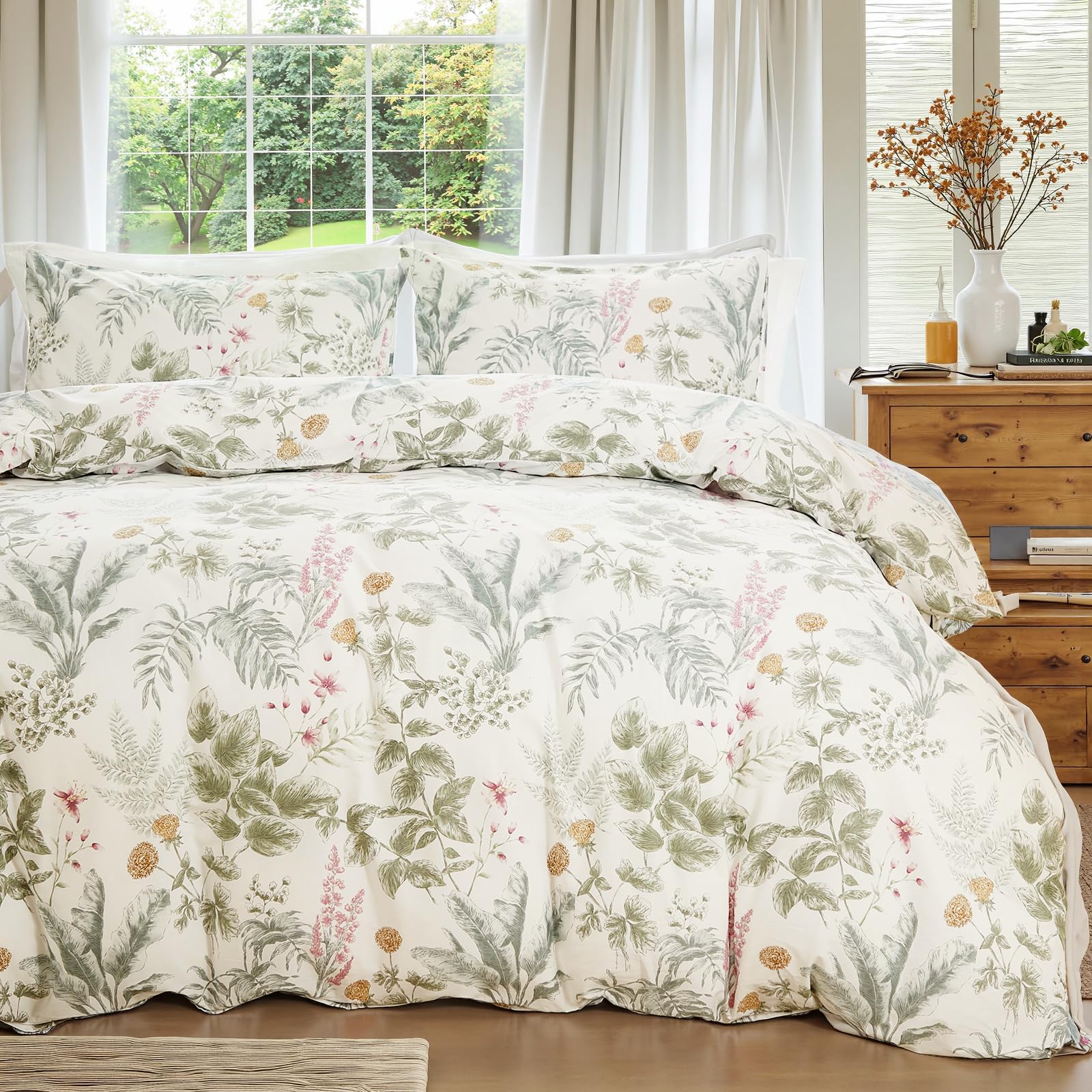 100% Natural Cotton Comforter Set Queen 3 Pcs Grayish Blue Bedding Sets with Luxurious Damask Pattern, Reversible Breathable Soft Comforter Sets for All Season