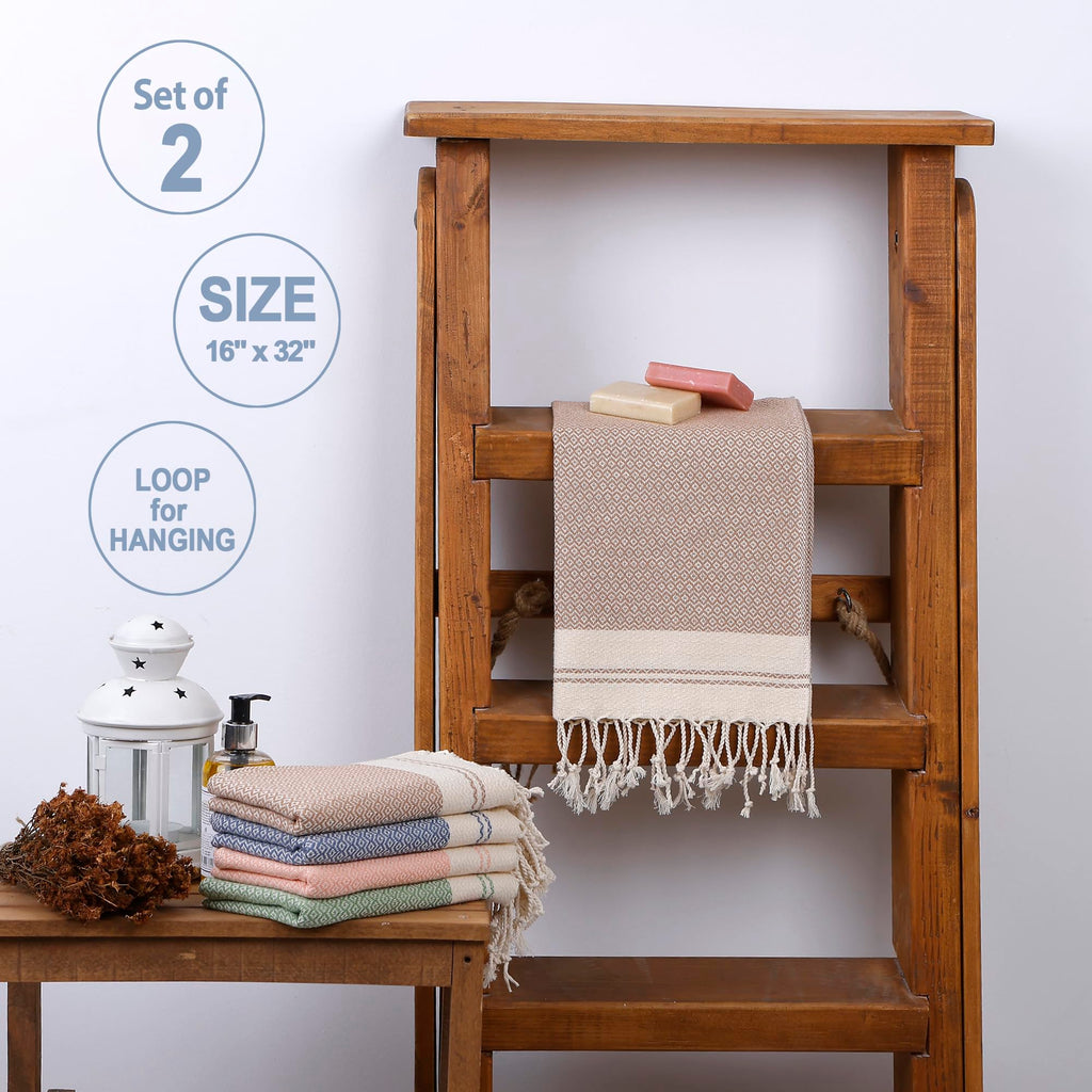 Evelynen Turkish Hand Towels for Bathroom & Kitchen Towels Decorative Set of 2 | Boho Farmhouse Hand Towels with Hanging Loops for Face, Tea, Dish, Kitchen & Bath | %100 Cotton (16" x 32" - Beige)