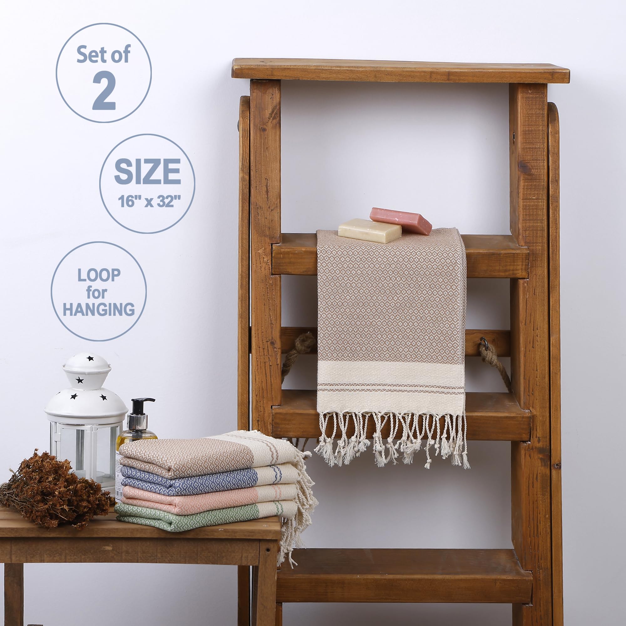Evelynen Turkish Hand Towels for Bathroom & Kitchen Towels Decorative Set of 2 | Boho Farmhouse Hand Towels with Hanging Loops for Face, Tea, Dish, Kitchen & Bath | %100 Cotton (16" x 32" - Beige)