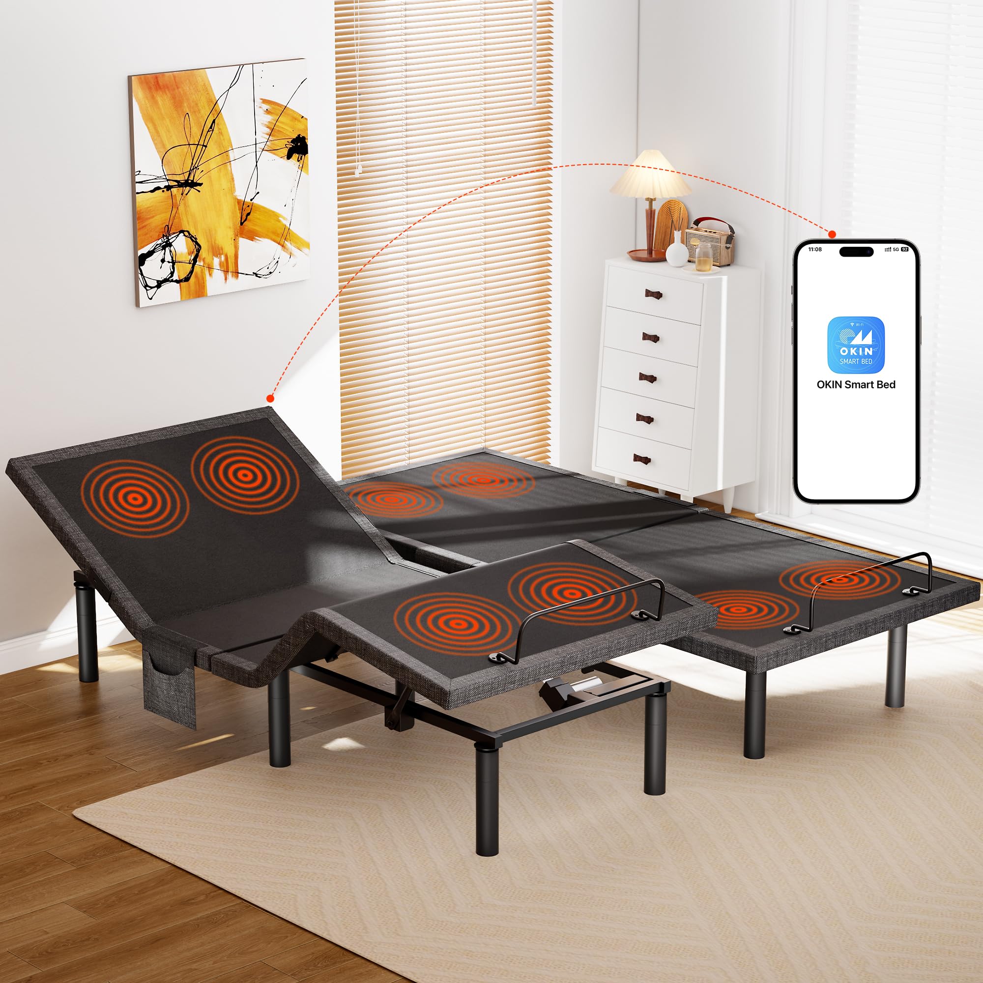 AMADA HOMEFURNISHING Adjustable Bed Frame with Massage, App-Controlled Twin XL Adjustable Bed Base with 4 USB Ports & Under-Bed LED Light, Wireless Electric Bed Frame, 4 Height Options, TXL2