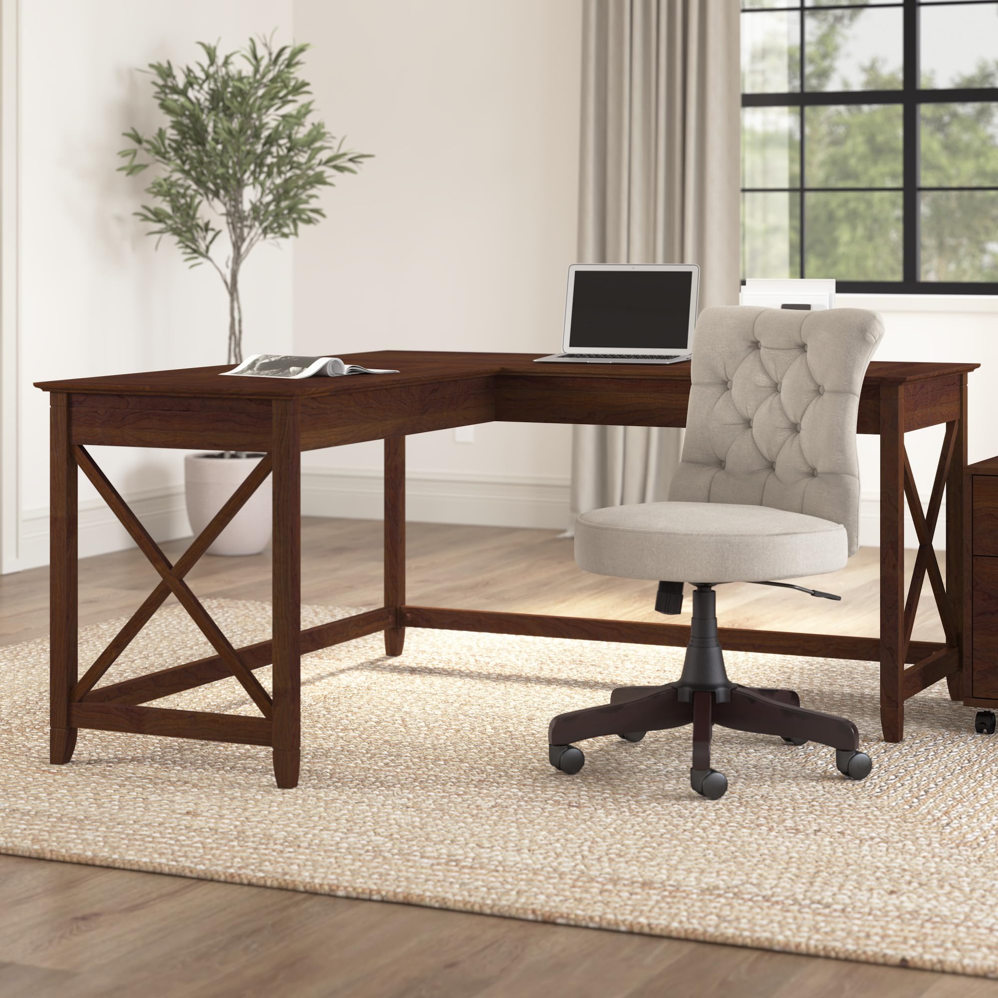 Bush Home Key West 60W Modern Farmhouse L Shaped Desk in Bing Cherry, 60-Inch Corner Computer Table for Home Office Workspace