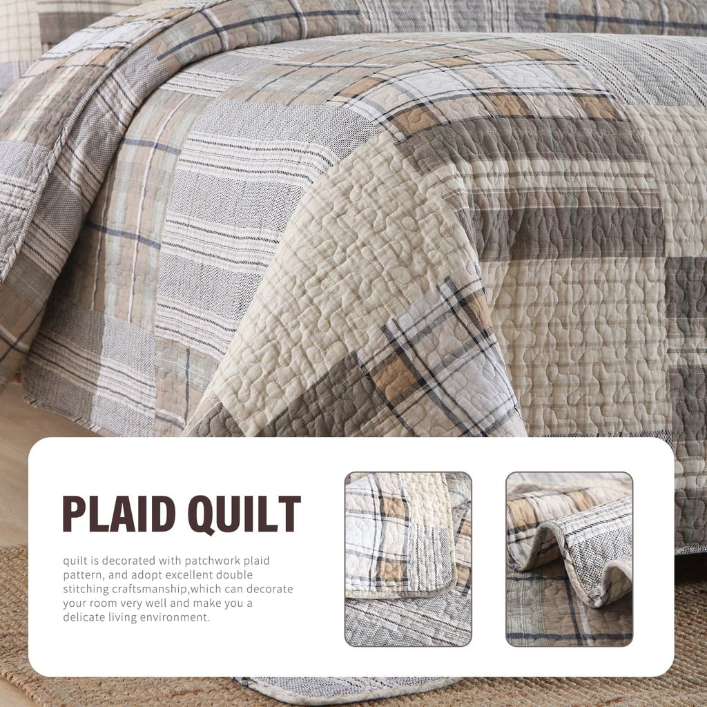 Y-PLWOMEN 100% Cotton Farmhouse Plaid Lightweight 3-Pieces Quilt Set (Blue Brown, Queen90 * 98 Inch)