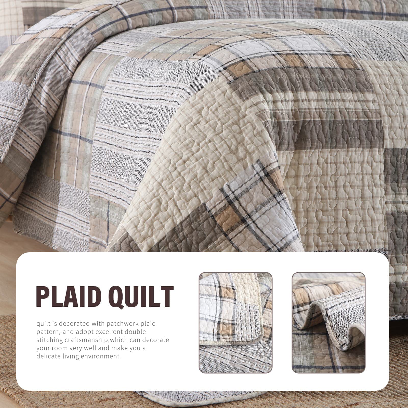 Y-PLWOMEN 100% Cotton Farmhouse Plaid Lightweight 3-Pieces Quilt Set (Blue Brown, Queen90 * 98 Inch)