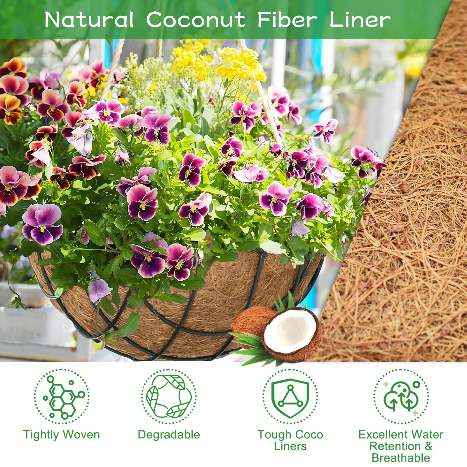 Riare 2 Pack 12 Inch Round Coco Liners Replacement, 100% Natural Coconut Coir Liners for Hanging Baskets, Garden Flower Vegetables Planter Pot, Window Box, Fence, Decks