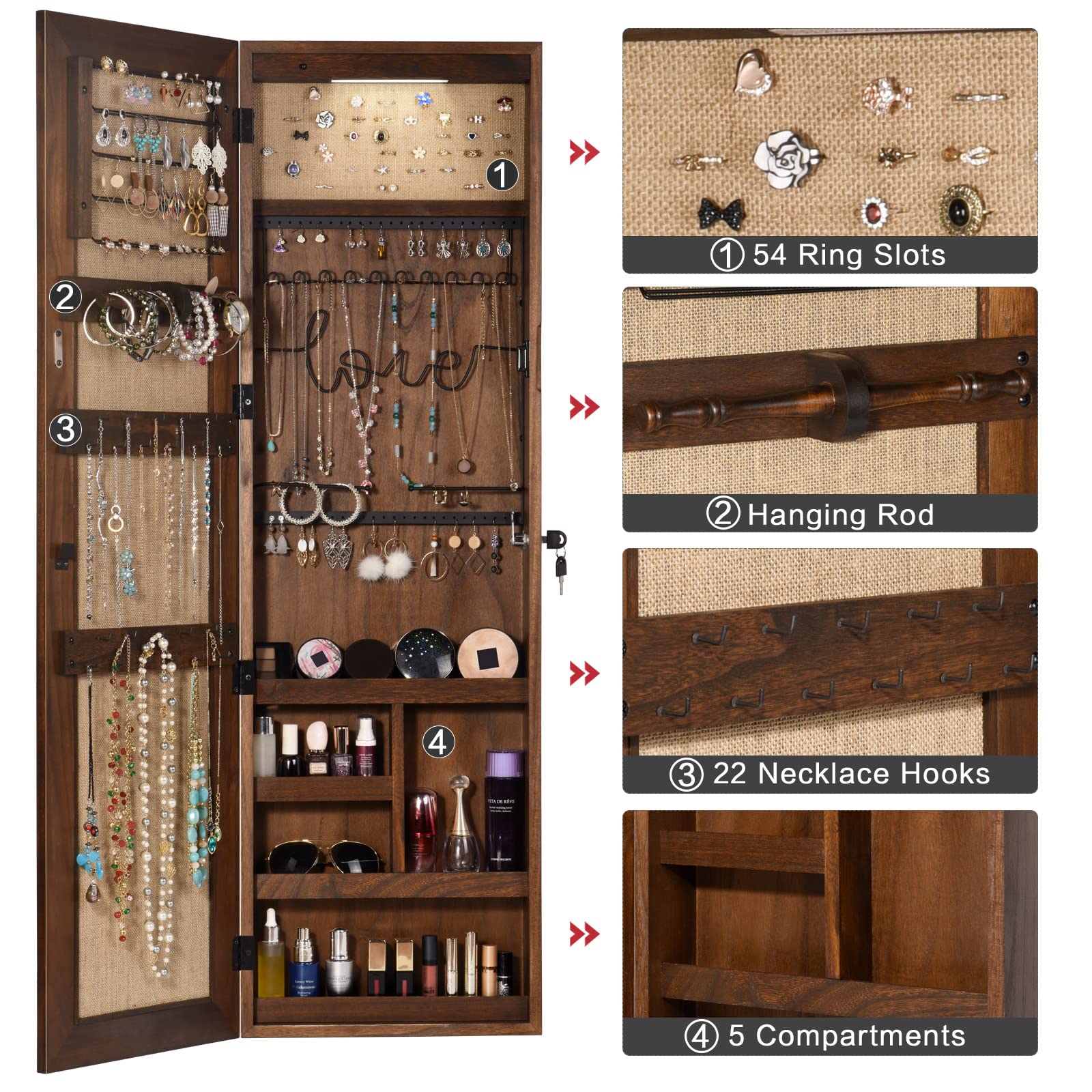 SRIWATANA Jewelry Armoire Cabinet, Solid Wood Standing Jewelry Organizer with Full Length Mirror (Carbonized Black)