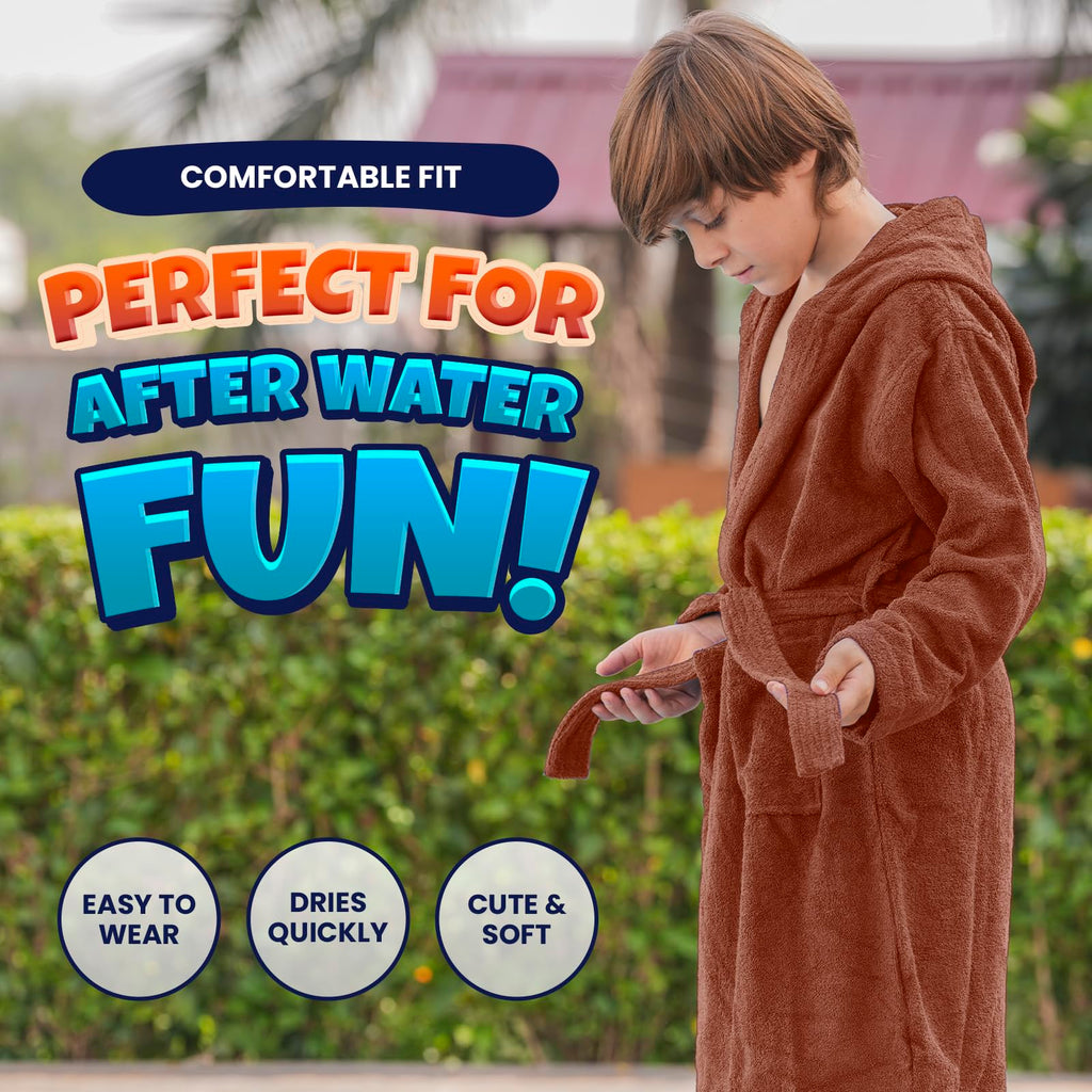 ALLEN & MATE 100% COTTON Hooded Kids Bathrobe – Soft, Medium Weight Absorbent Bath Towel Robe for Boys & Girls, 6-15 Years