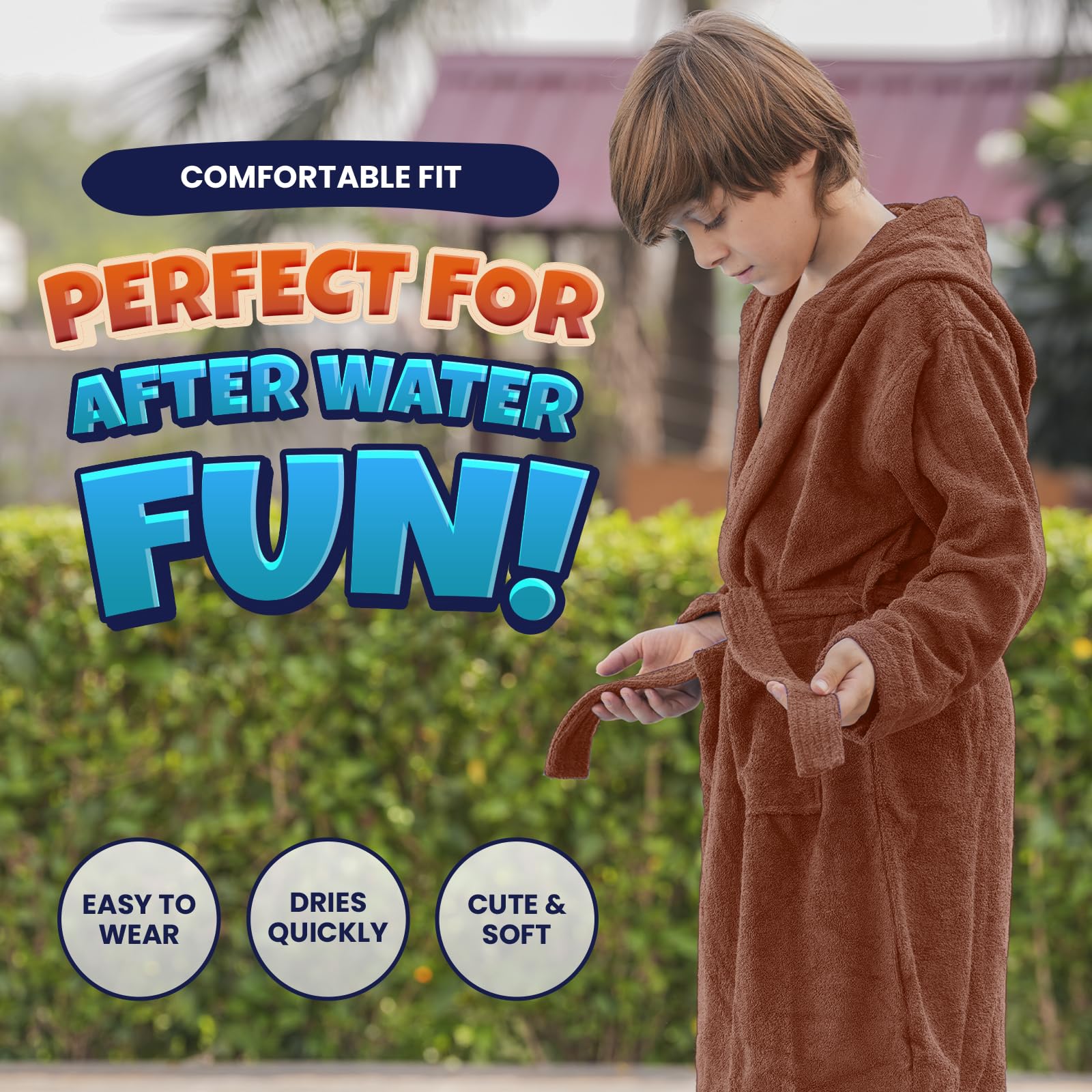 ALLEN & MATE 100% COTTON Hooded Kids Bathrobe – Soft, Medium Weight Absorbent Bath Towel Robe for Boys & Girls, 6-15 Years