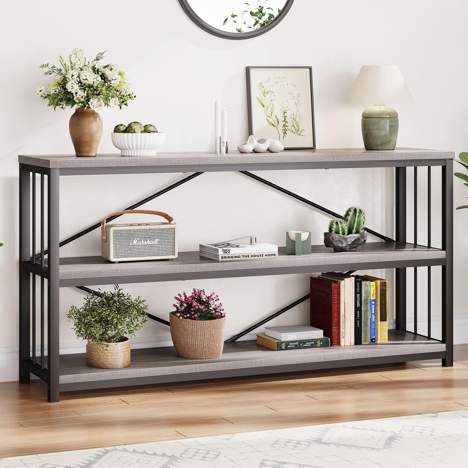 LVB Black Console Table, Modern Entryway Table for Hallway Living Room, Industrial Sofa Table Behind Couch, Farmhouse Wooden Metal Entry Table for Foyer with 3-Tier Storage Shelves, Black Oak, 55 Inch