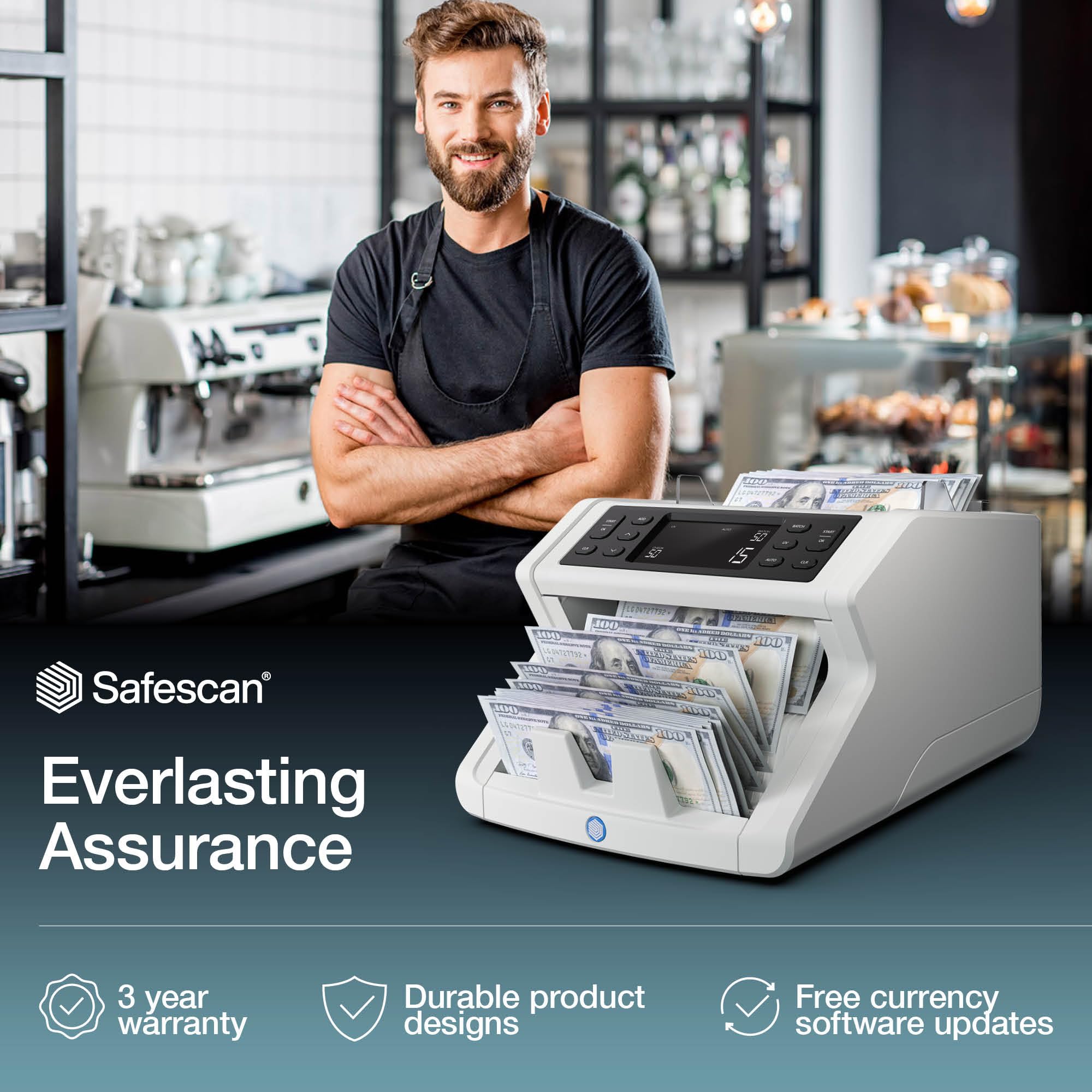 Safescan 2210 Money Counter Machine with Counterfeit Detection, Add/Batch Modes, LCD-Display, High-Speed Counts 1,000 bills per minute, 2 Point Counterfeit Check - Sorted Counter for All Currencies
