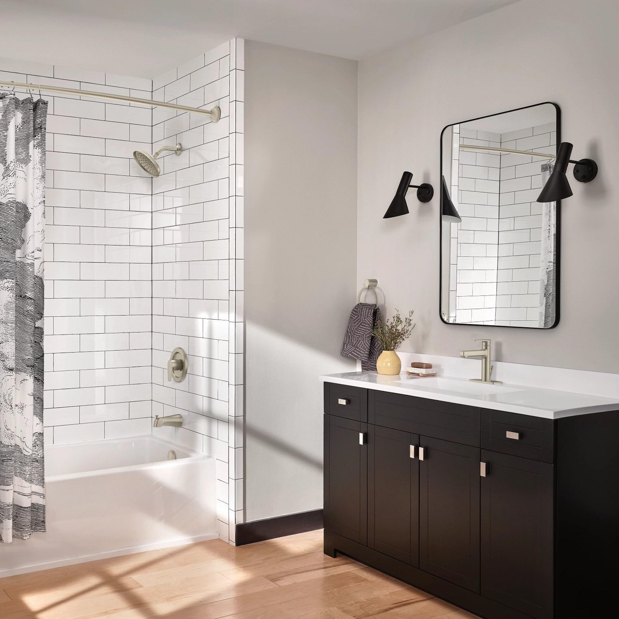 Moen Brushed Gold 54 to 72-Inch Adjustable Single Curved Shower Rod, Wall Mounted Permanent Curtain Bar for Bathroom, CSR2160BG