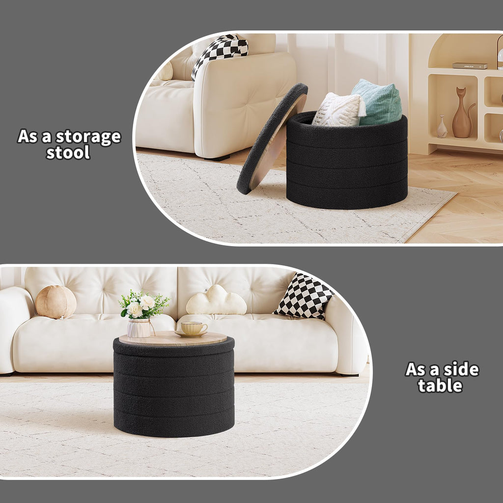 PINPLUS Round Storage Ottoman Foot Rest Stool with Tray Velvet Sherpa Folding Storage Ottoman,Boucle Foot Rest for Living Room, Bedroom, Dorm（Beige）