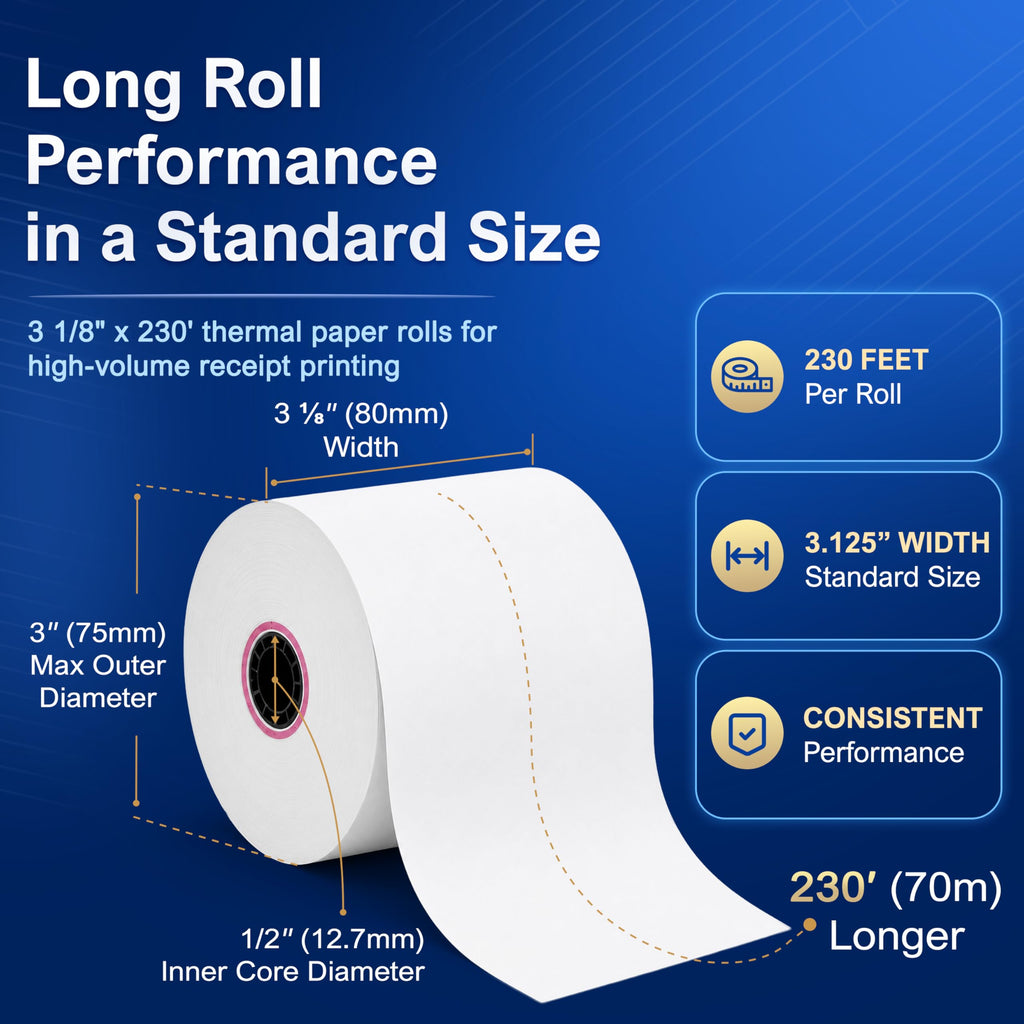 3 1/8 x 230 Thermal POS Rolls for Epson Printers, BPA Free Thermal Printing Compatible with TM-T88 TM-T70 TM-T80 TM-T85 TM-H6000 T90 Series, Credit Card Machine & POS Printer Supplies, Pack of 12