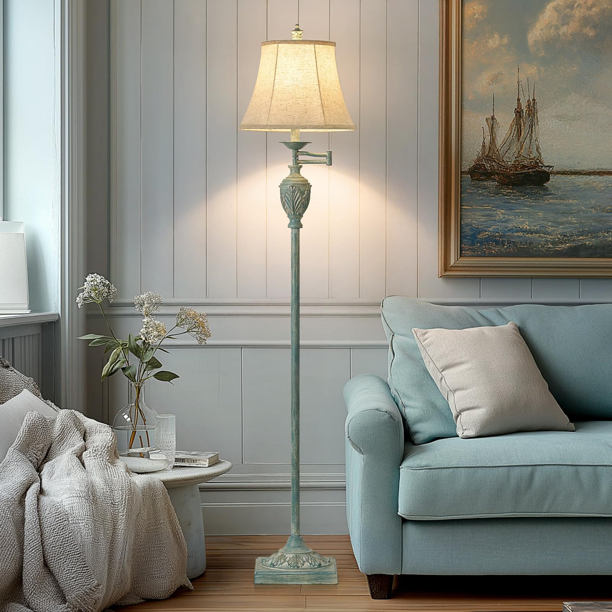 Traditional LED Floor Lamp with 350° Adjustable Swing Arm Lamp – Vintage Standing Pole lamp for Living Room, Bedroom and Office – Rustic Upright Floor Light for Home Décor with Silk Fabric Shade