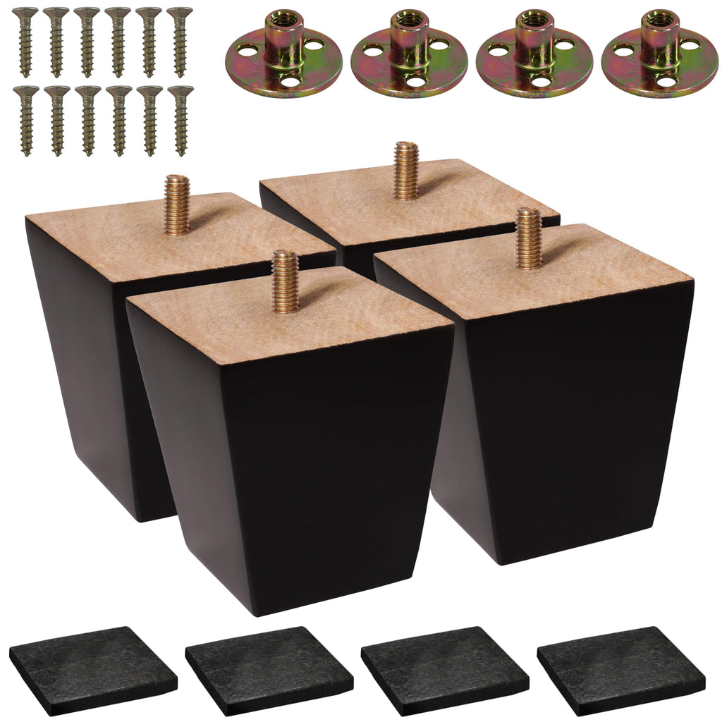BARIEN (5 Sizes: 3"- 4"- 5"- 6"- 8") Set of 4 Wood Furniture Legs - Square Sofa Legs, Couch Leg - Brown Mid-Century Modern Replacement Legs for Armchair Recliner Coffee Table Dresser (3")