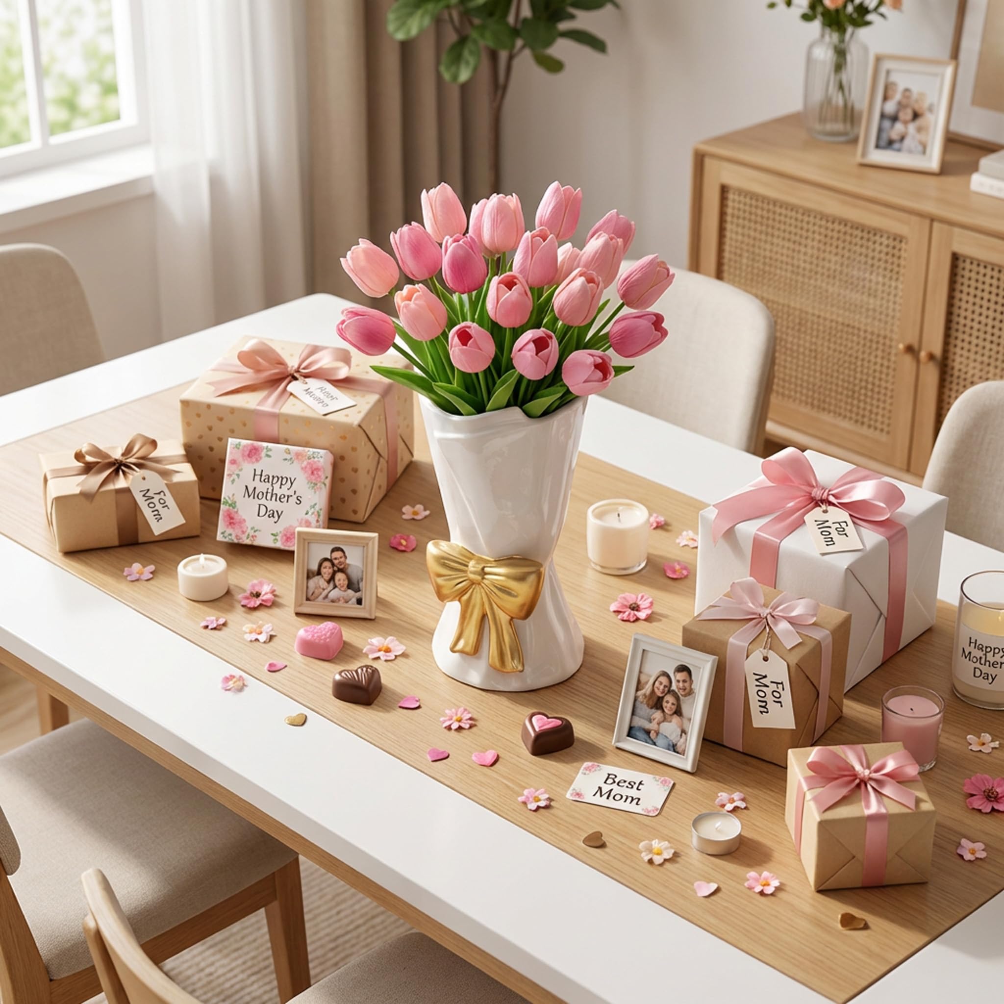Relexome Beige Ceramic Bow Vase 9.64 in Unique Cute Modern Decorative Bouquet Flower Vases for Home Living Room Table Decor Women Girl Gifts