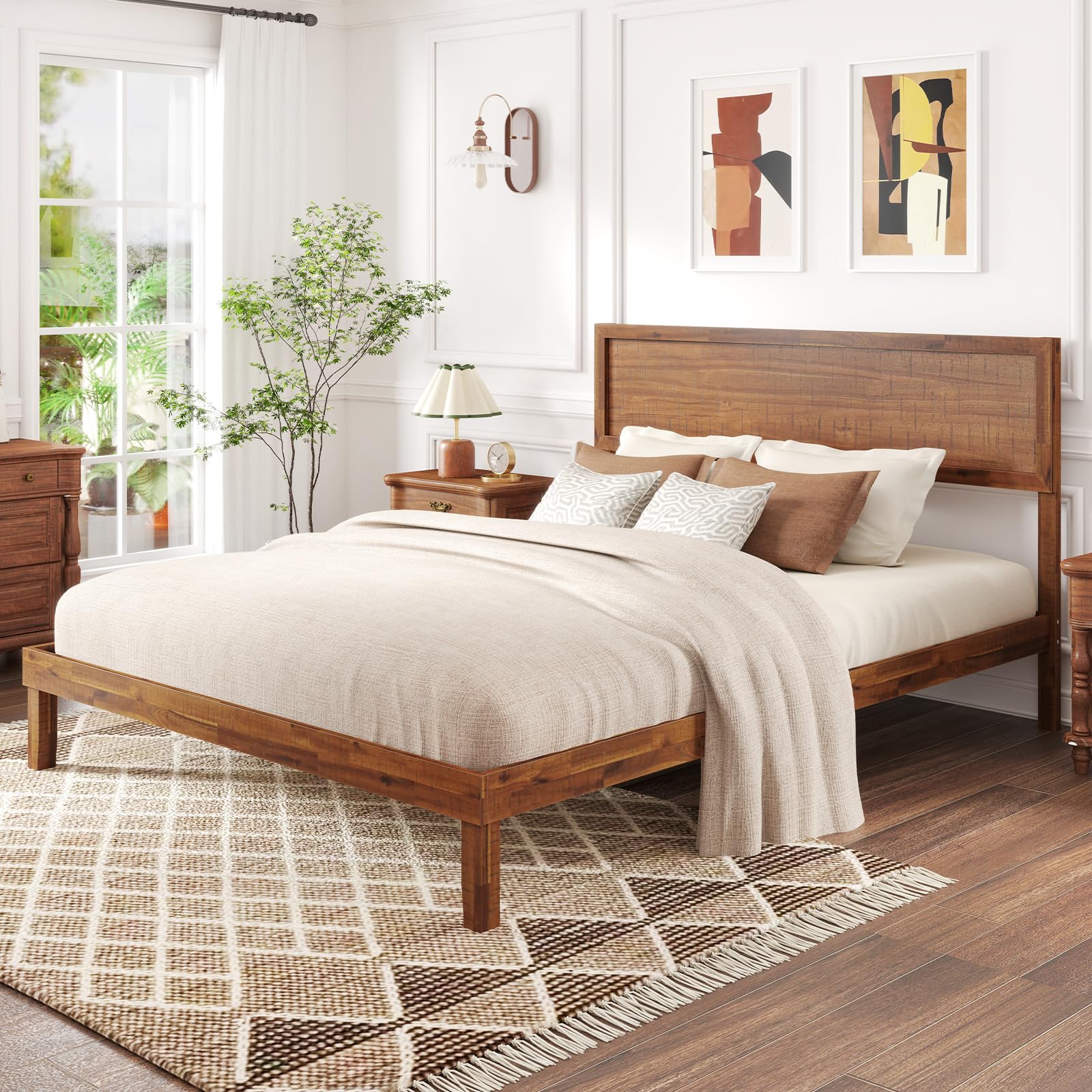 Giantex Wood Twin Bed Frames with Headboard, Solid Acacia Wood Platform Bed with 12 Strong Wooden Slat Support, Scandinavian Style Art Deco Twin Size Bed Frame, No Box Spring Needed, Rustic Brown