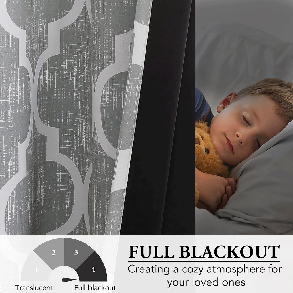 Beauoop 100% Blackout Curtains 45 Inches Long 2 Panels for Bedroom Living Room Aqua Grey Moroccan Geo Room Darkening Thermal Insulated Soundproof Grommet Top Window Treatments Drapes, 50x45 Set of 2