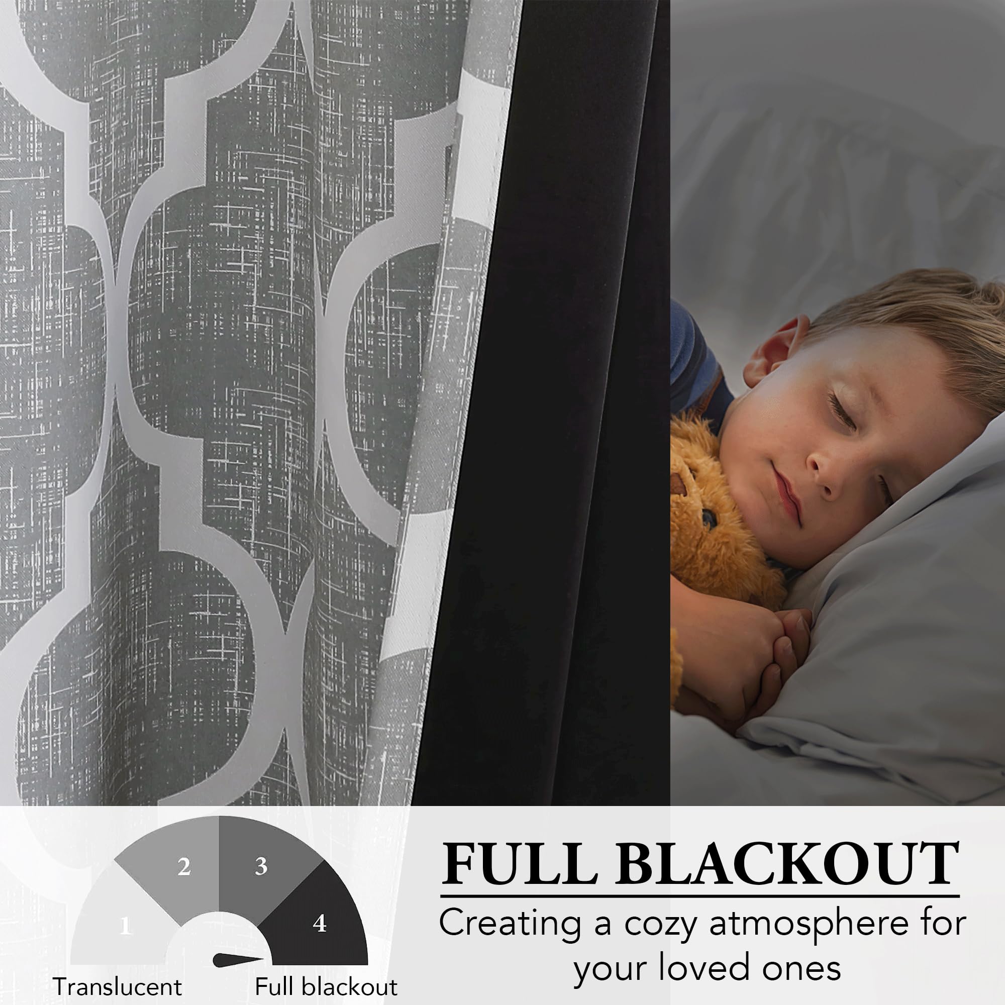 Beauoop 100% Blackout Curtains 45 Inches Long 2 Panels for Bedroom Living Room Aqua Grey Moroccan Geo Room Darkening Thermal Insulated Soundproof Grommet Top Window Treatments Drapes, 50x45 Set of 2