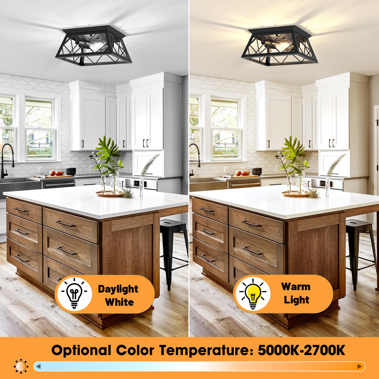 FadimiKoo 2-Light Black Flush Mount Ceiling Light Fixture, Industrial Hallway Light Fixtures Ceiling Mount for Farmhouse Kitchen, Square Cage Ceiling Lamp for Dining Room, Living Room, Entryway