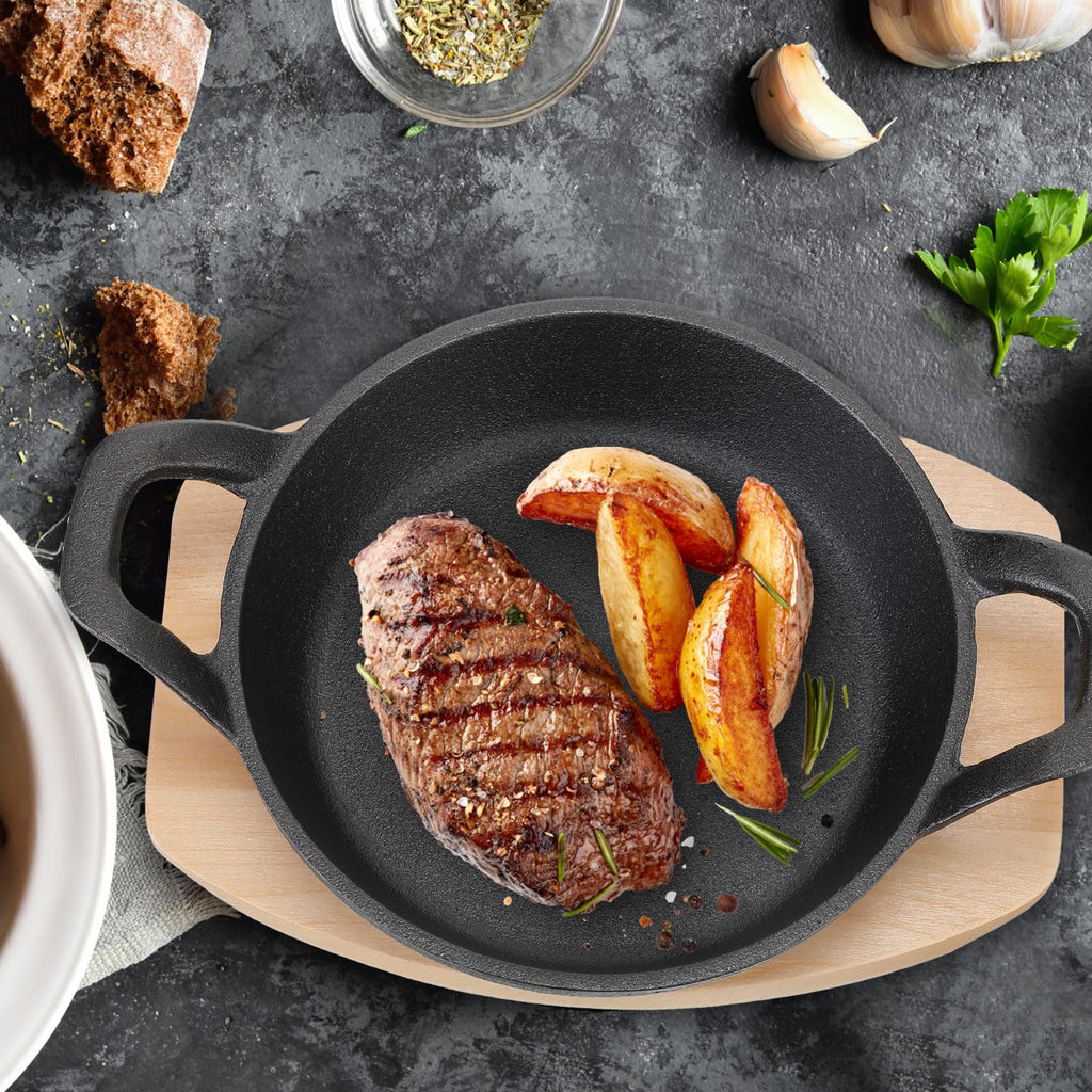 Sliner 4 Sets Mini Cast Iron Skillet Small Cast Iron Plates Skillet with Wooden Base Small Round Pan Fajita Plate Pot for Baking Cooking(3.9 Inch)