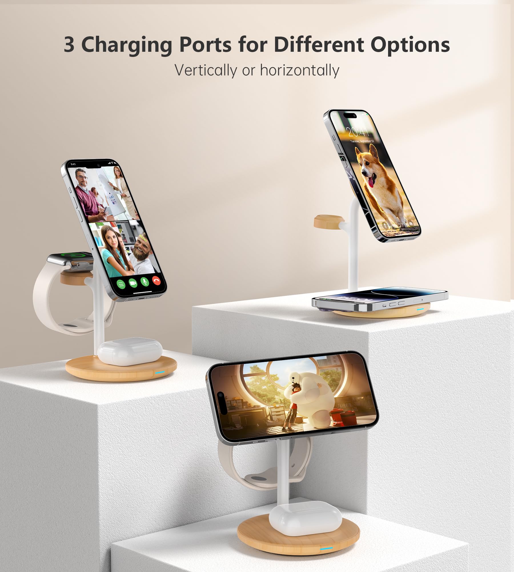 XooFly 3 in 1 Wireless Charging Station for Apple Devices, Fast Wireless Mag-Safe Charger Stand with 20W Adapter for iPhone 17/16 15 14 13 12 Pro Max/Pro/Plus/Air/Mini, iWatch, AirPods (Black)