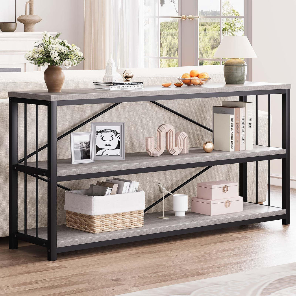LVB Black Console Table, Modern Entryway Table for Hallway Living Room, Industrial Sofa Table Behind Couch, Farmhouse Wooden Metal Entry Table for Foyer with 3-Tier Storage Shelves, Black Oak, 55 Inch
