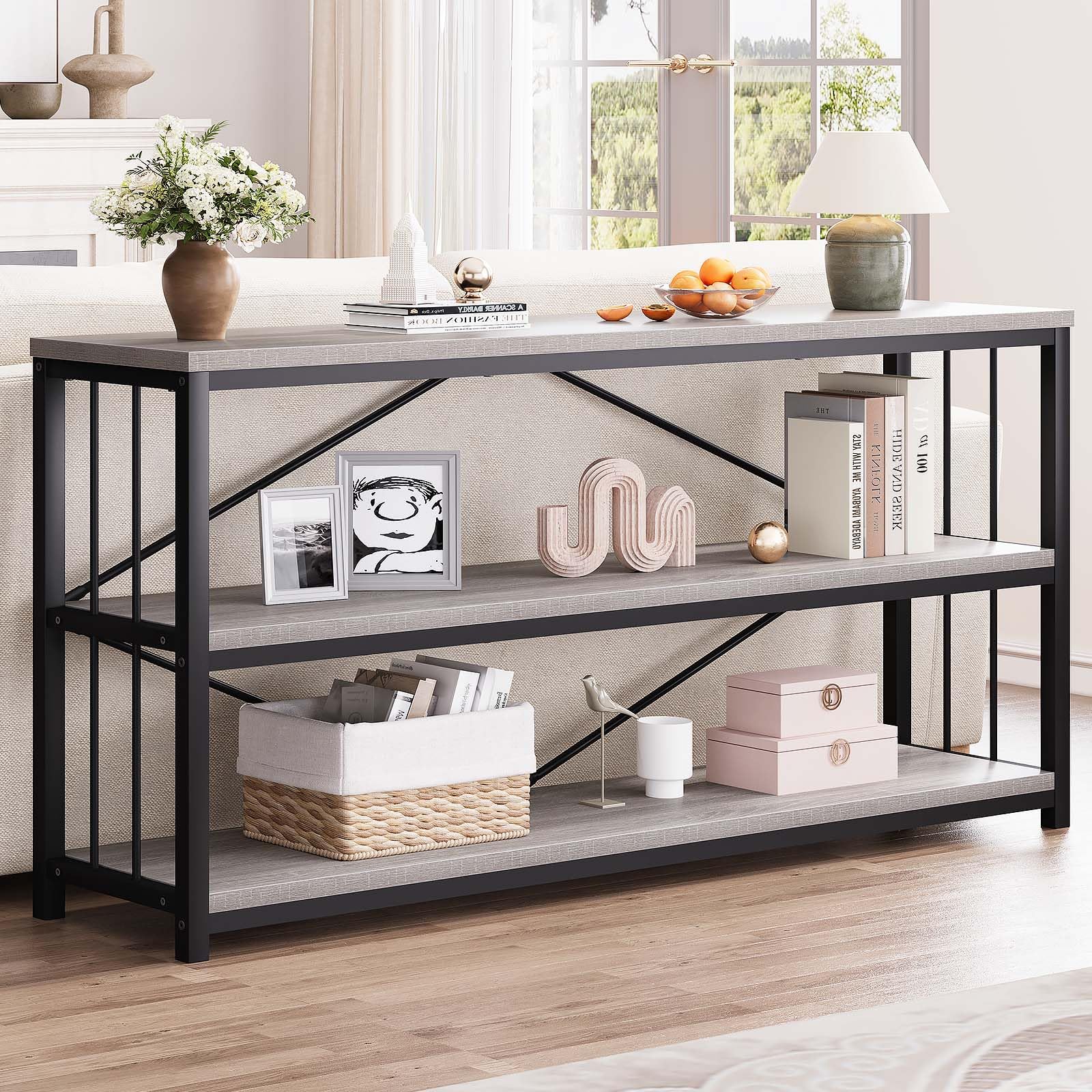 LVB Black Console Table, Modern Entryway Table for Hallway Living Room, Industrial Sofa Table Behind Couch, Farmhouse Wooden Metal Entry Table for Foyer with 3-Tier Storage Shelves, Black Oak, 55 Inch