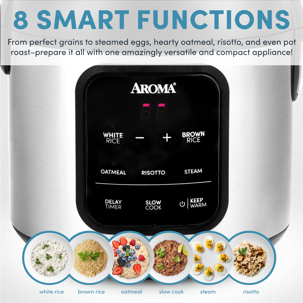 AROMA Digital Rice Cooker, 4-Cup (Uncooked) / 8-Cup (Cooked), 2 Qt, Steamer, Multicooker, Slow Cooker, Oatmeal Cooker, Auto Keep Warm, Stainless Steel Exterior