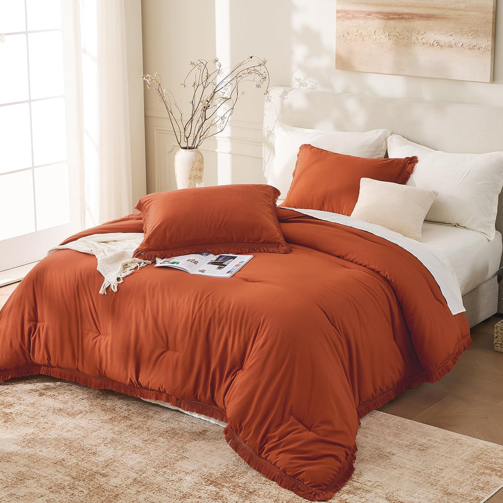 Andency Comforter Full Size Set Burnt Orange, 3 Pieces Boho Terracotta Winter Lightweight Bedding Comforter Sets, All Season Rust Tassel Bed Set (79x90In Comforter & 2 Pillowcases)