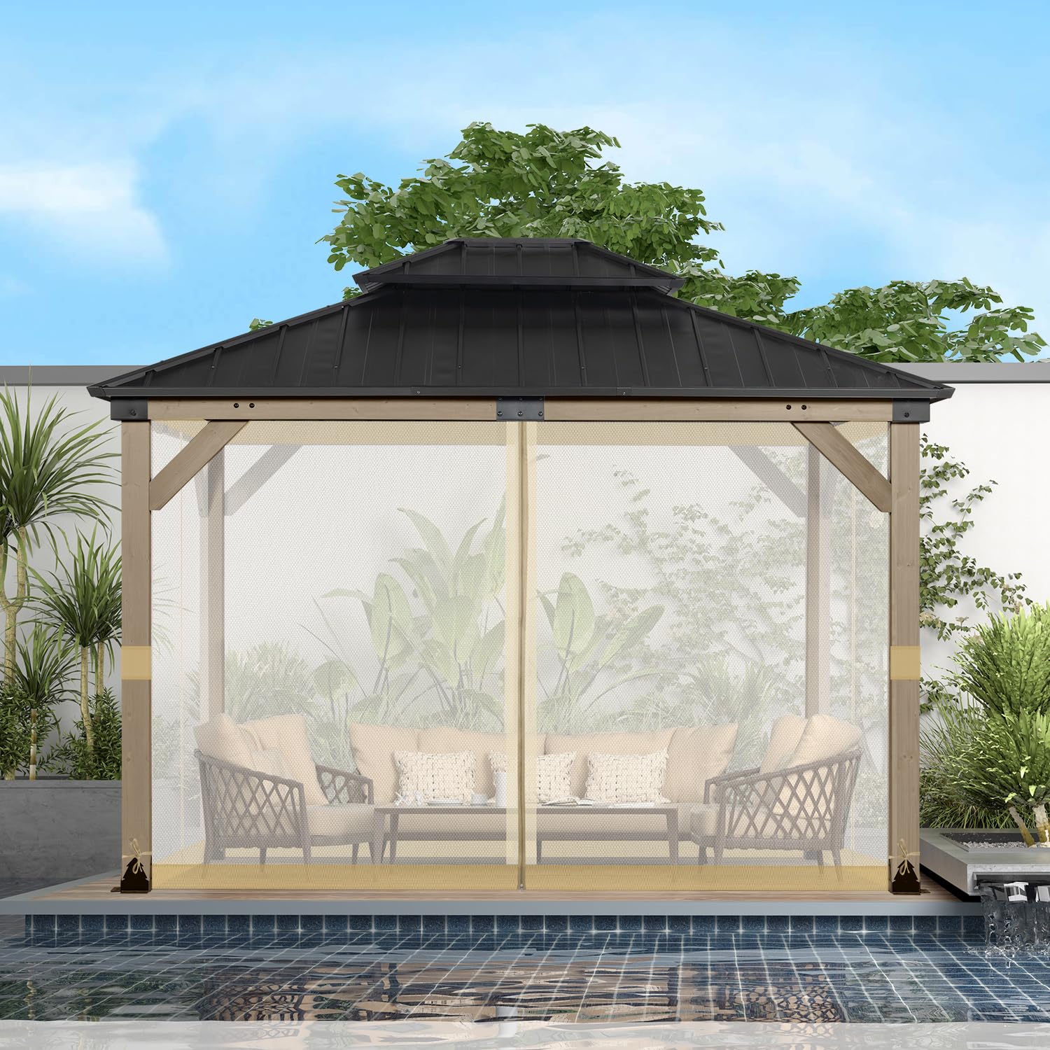 BPS 10' x 10' Gazebo Universal Mosquito Netting Screen Replacement, 4-Panel Mesh Screen Walls with Double Zippers for Outdoor Patio, Khaki (Mosquito Net Only)