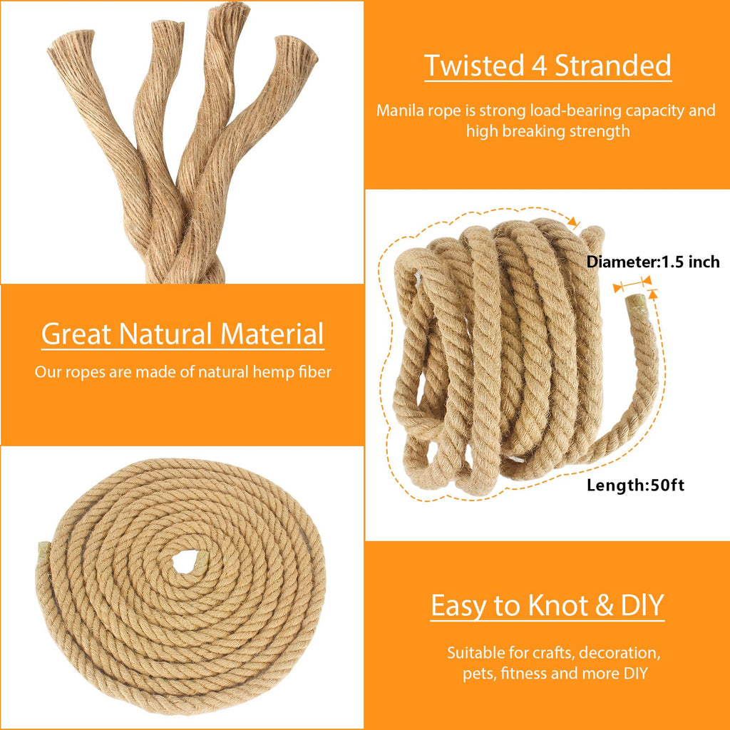 Manila Rope 2 Inch X 50 Ft, Thick Hemp Rope 4 Strand Twisted, Natural Hemp for Crafts Heavy Duty Multipurpose for Swing Bed, Camping, Tug of War, Docks, DIY Projects.