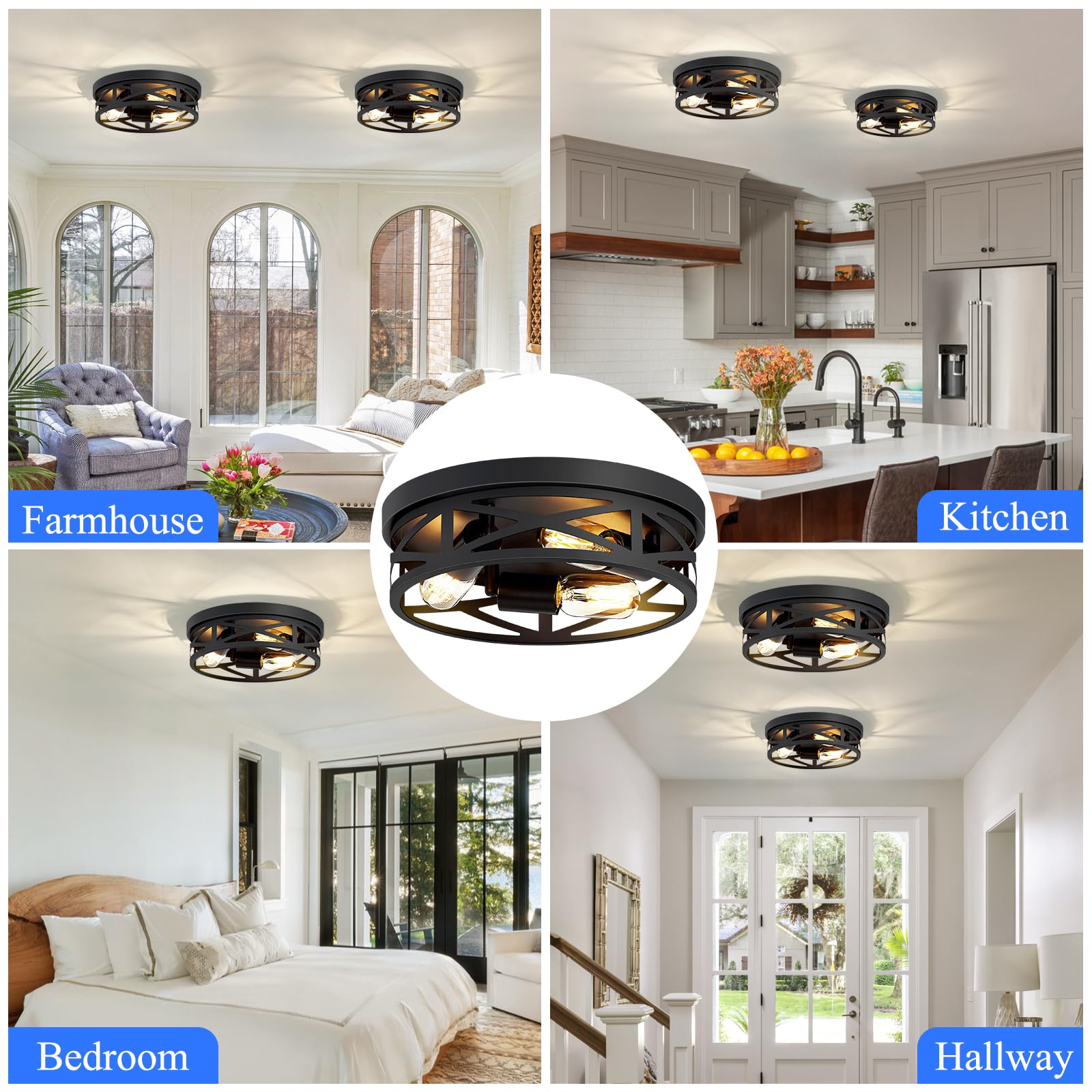 SKEJAO Flush Mount Ceiling Light Fixture,Black 2-Light Hallway Light Fixtures Ceiling,Light Fixtures Ceiling Mount for Farmhouse,Kitchen,Hall,Bedroom,Bathroom (2 Pack)
