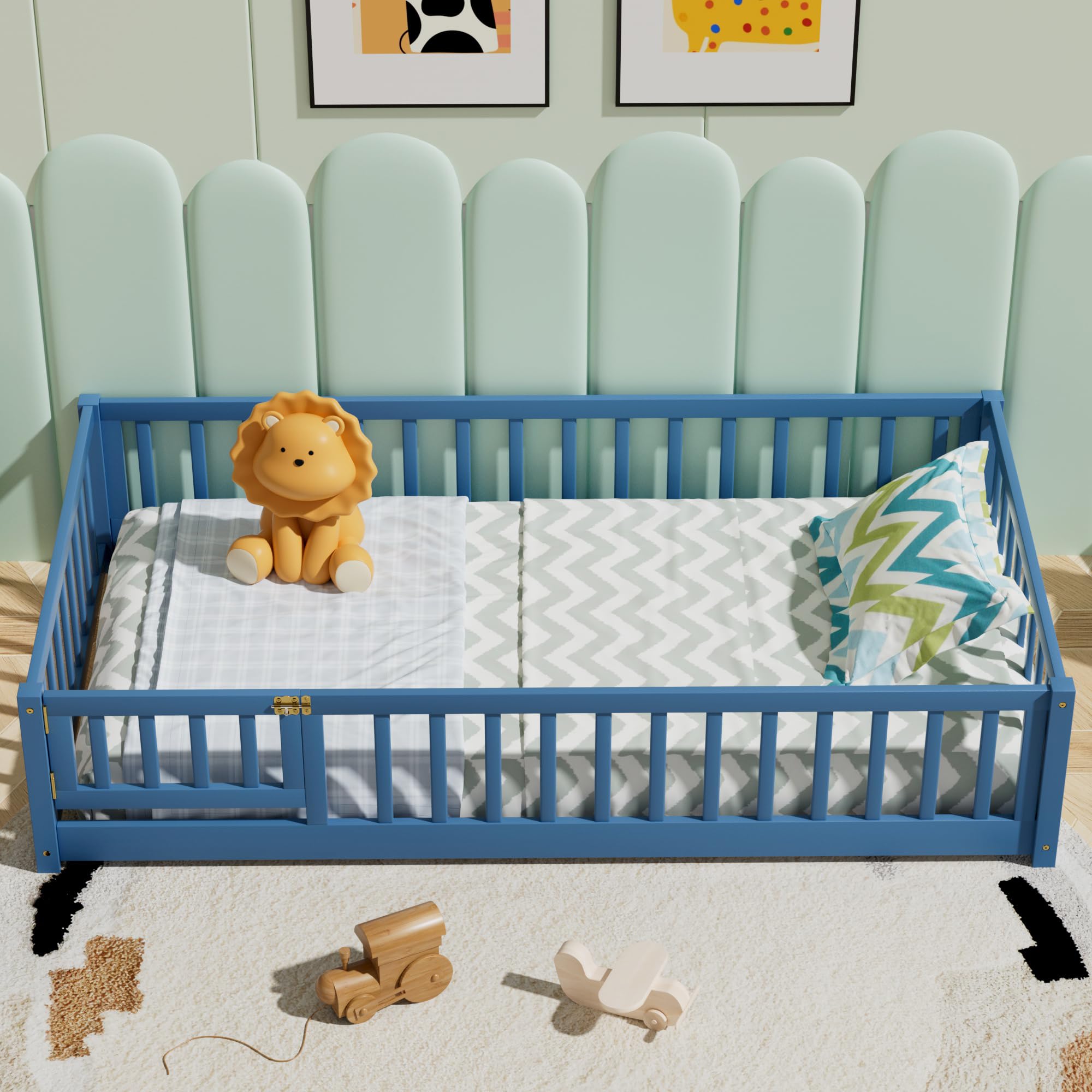i-POOK Queen Floor Bed for Children, Sturdy Wood Montessori Bed Frame with Wood Slats, High Fence & Small Door for Girls and Boys, Espresso (with Bed Slats)