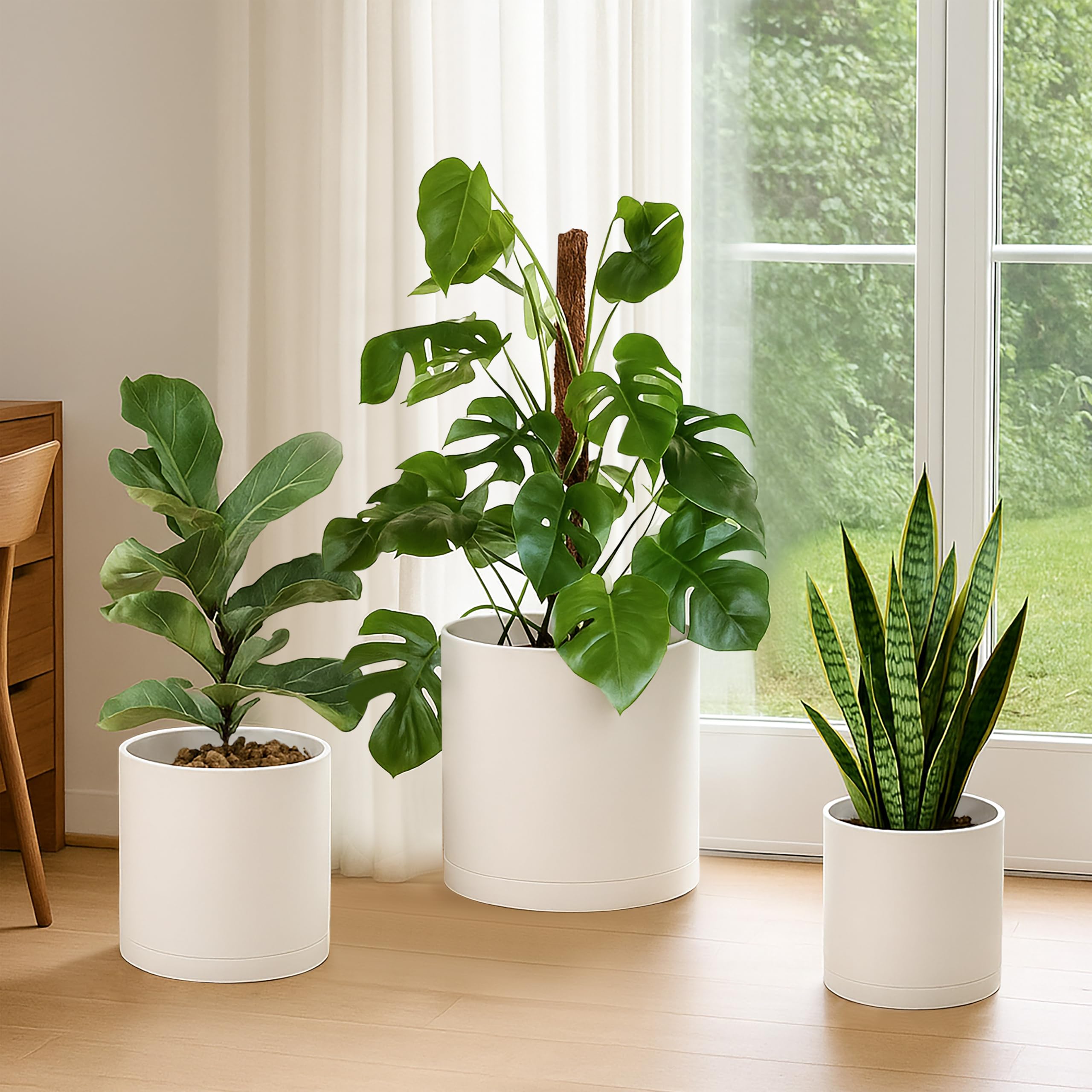 D'vine Dev 6.5 Inch 8 Inch 10 Inch, Set of 3 Plastic Planter Pots for Plants with Drainage Hole and Seamless Saucers, Black Color, Large, 74-V-B-4