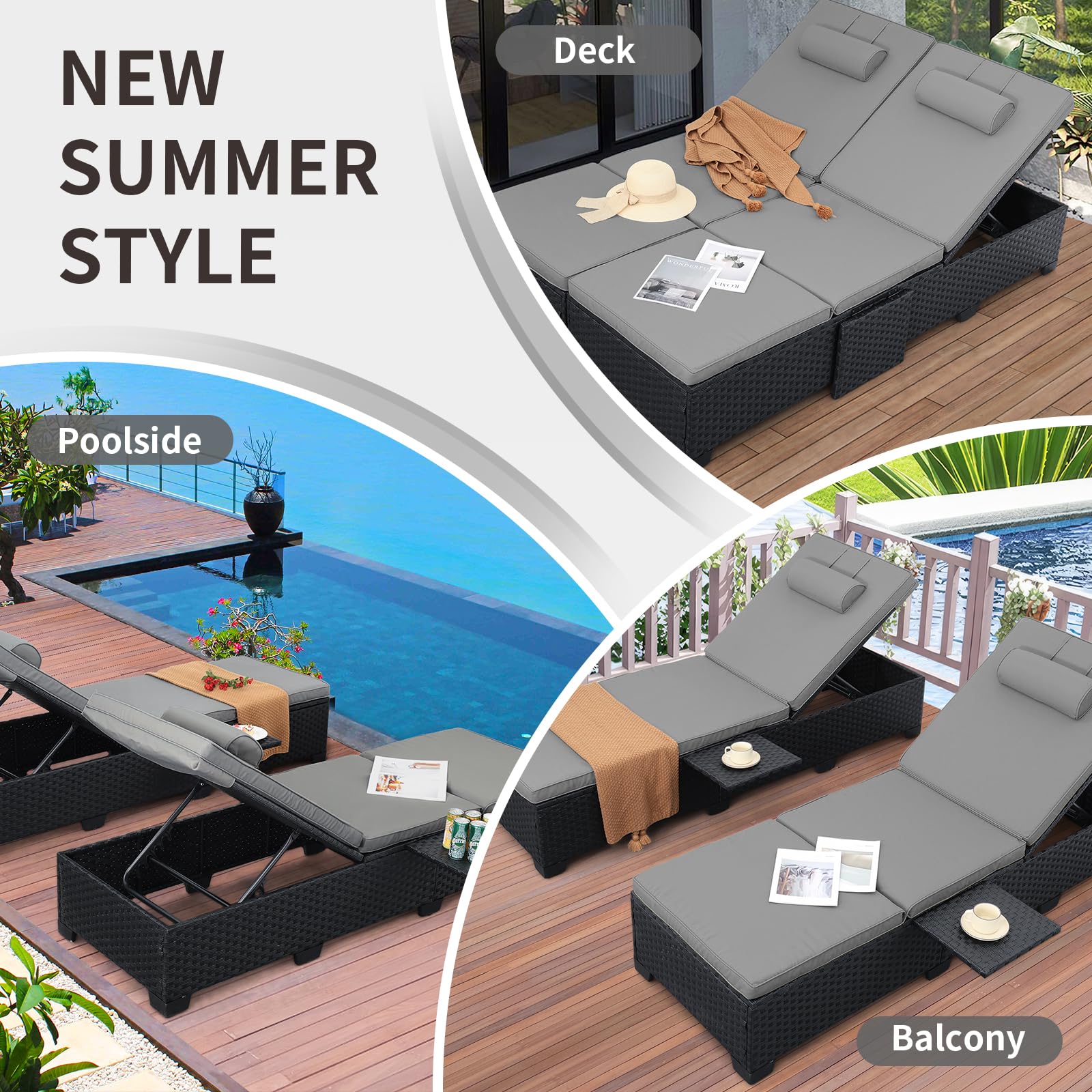 WAROOM Outdoor Chaise Lounge Chairs for Outside Patio Furniture Set of 2 Wicker Recliner Black Rattan Sunbathing Lounger Adjustable Backrest Pool Reclining Chair, Navy Blue Cushion
