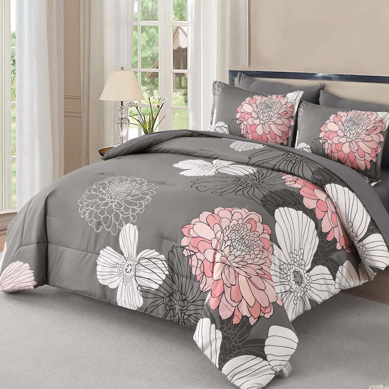 Yiran 7 Pieces Bed in a Bag Blue Floral Comforter Set Queen Size Flowers Comforter Set Soft Microfiber Bedding Set (1 Comforter 1 Flat Sheet 1 Fitted Sheet 2 Pillowshams 2 Pillowcases)