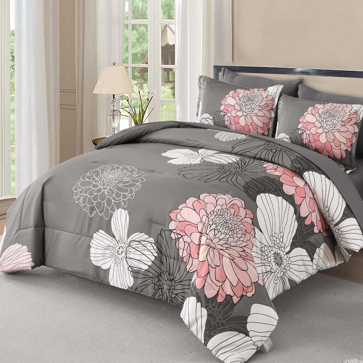 Yiran 7 Pieces Bed in a Bag Blue Floral Comforter Set Queen Size Flowers Comforter Set Soft Microfiber Bedding Set (1 Comforter 1 Flat Sheet 1 Fitted Sheet 2 Pillowshams 2 Pillowcases)