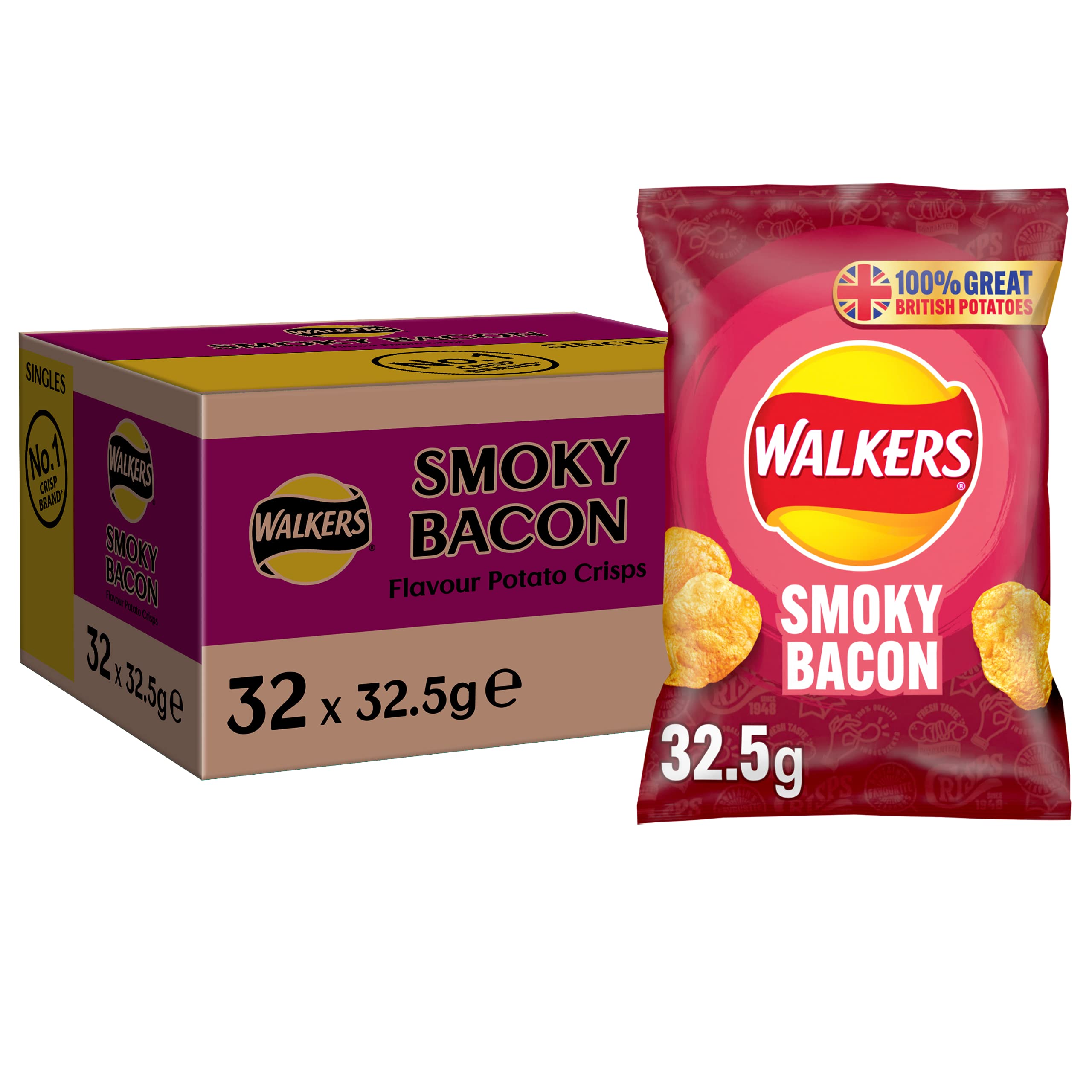 Walkers Smoky Bacon Crisps Box, 32.5 G (Case Of 32)